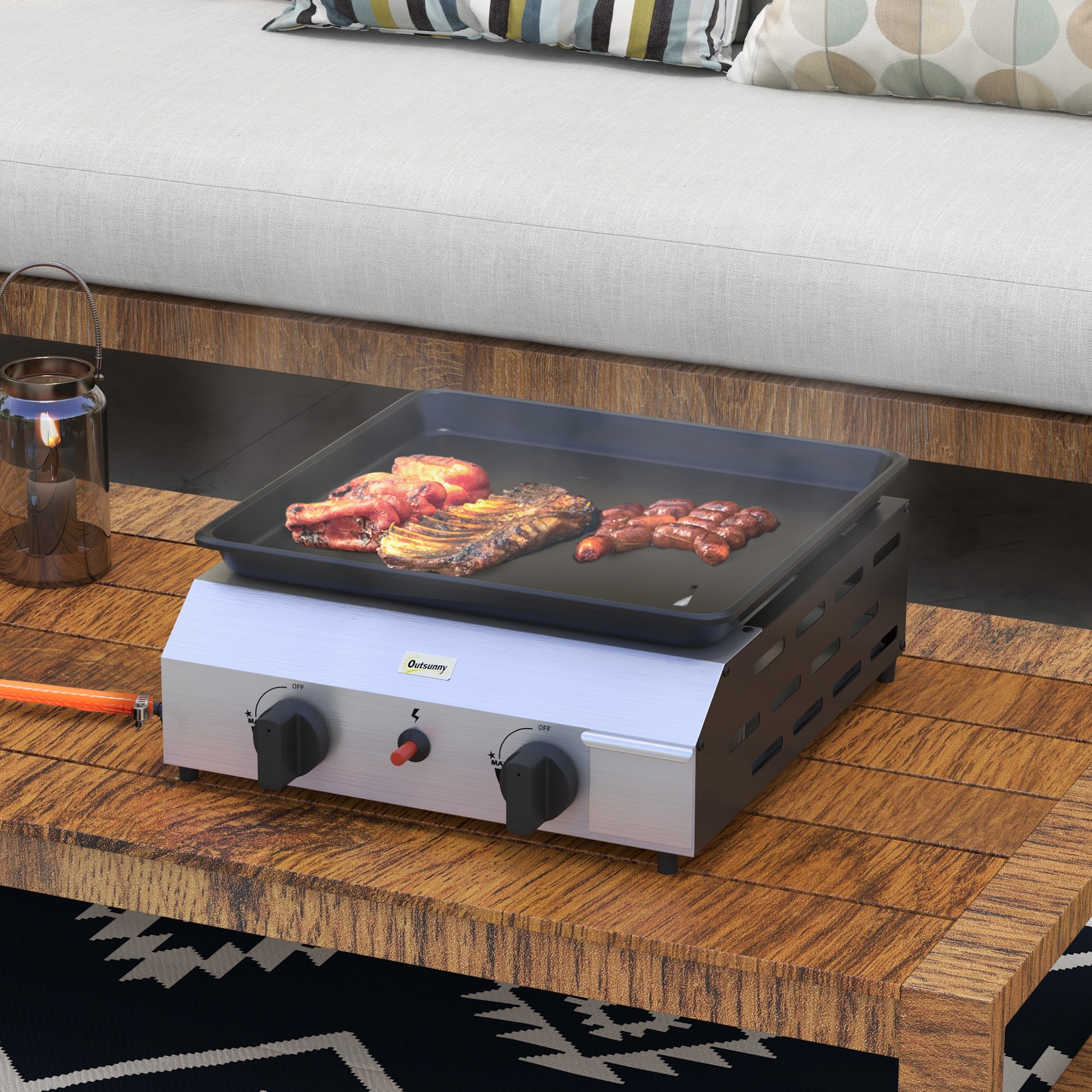 Outsunny Gasgrill aus emailliertem Edelstahl mit 2 Brennern, 4,8 kW, antihaftbeschichtete große Grillfläche 40L x 34B cm, transportabel