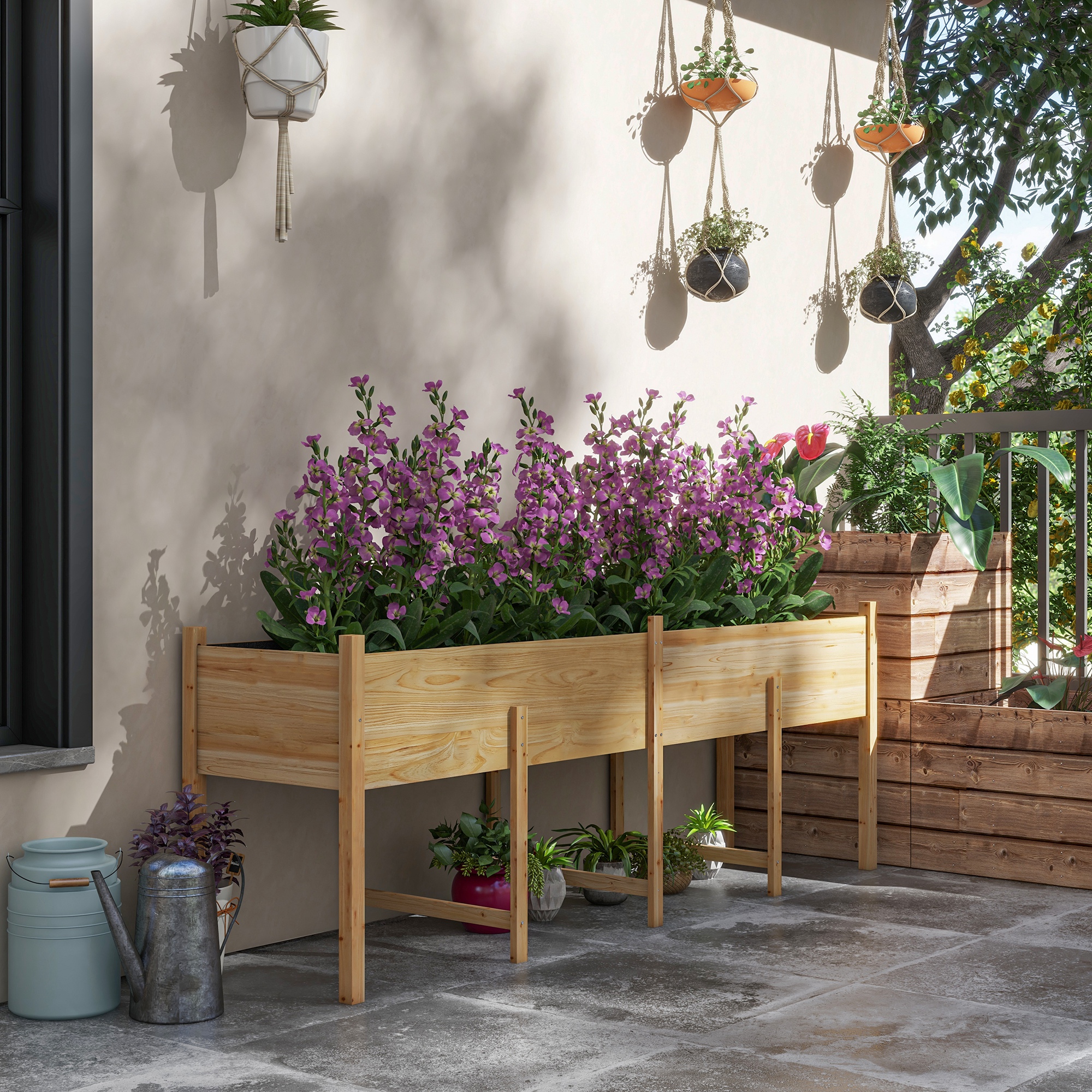 Outsunny Erhöhte Blumenkiste auf Ständer, inkl. Bewässerungseinsätze + Abflussvlies, vorgeöltes Fichtenholz