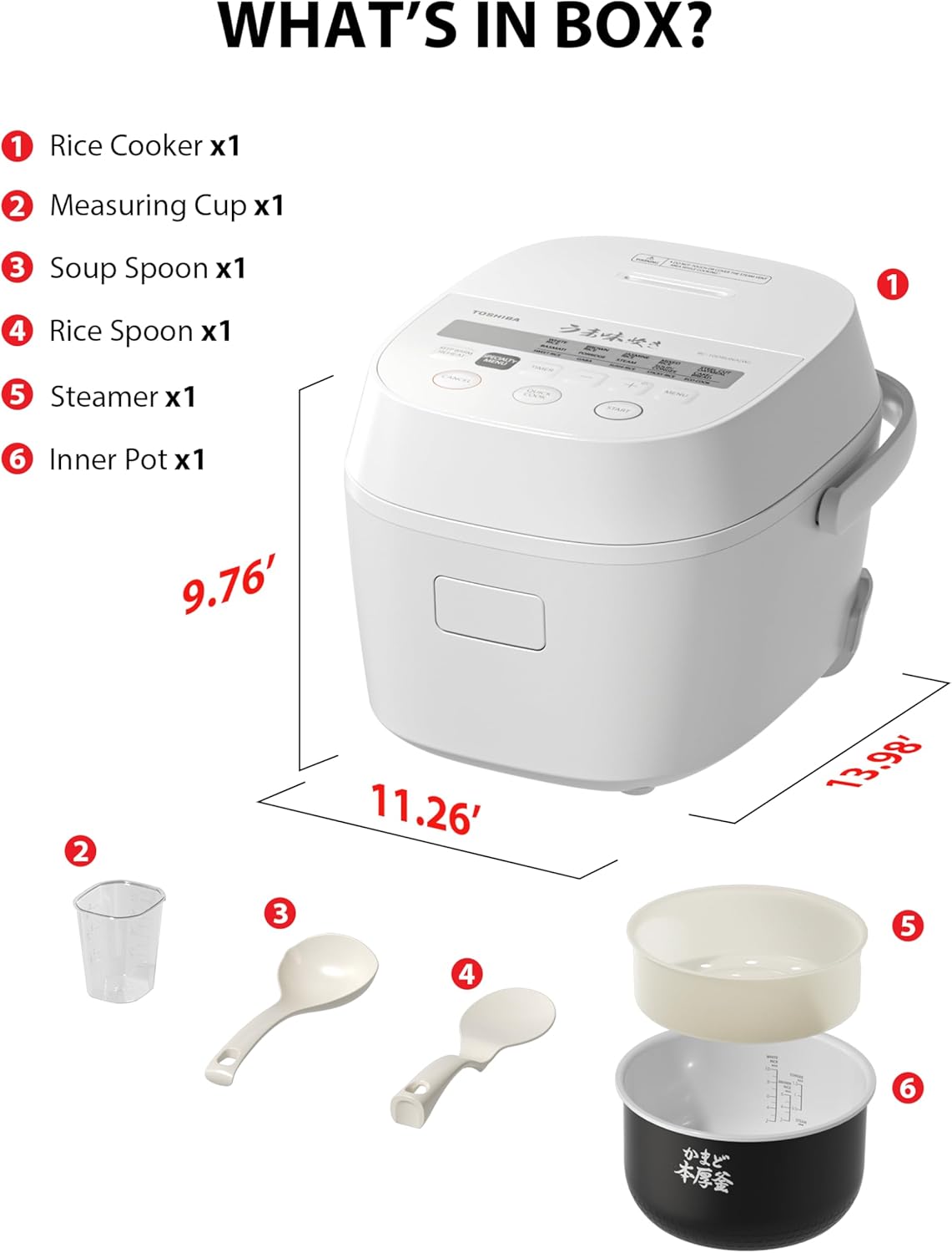 TOSHIBA OriginTaste Rice Cooker 10-Cup Uncooked, Fuzzy Logic, 15-in-1 Functions, Digital Display, Delay Timer, Keep Warm, Nonstick Inner Pot, White