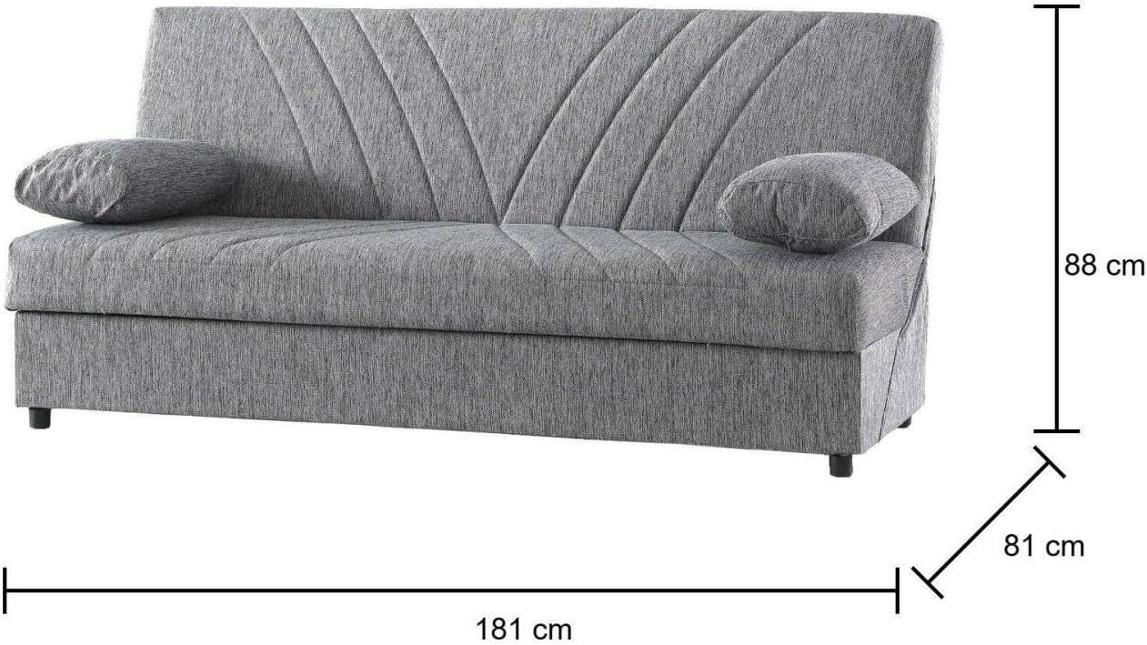 Dmora - Divano Letto 3 posti Ramon, Divano Contenitore 2 Cuscini Inclusi, Sofà da Soggiorno in Tessuto con Apertura Click-clack, 181x81h88 cm, Grigio