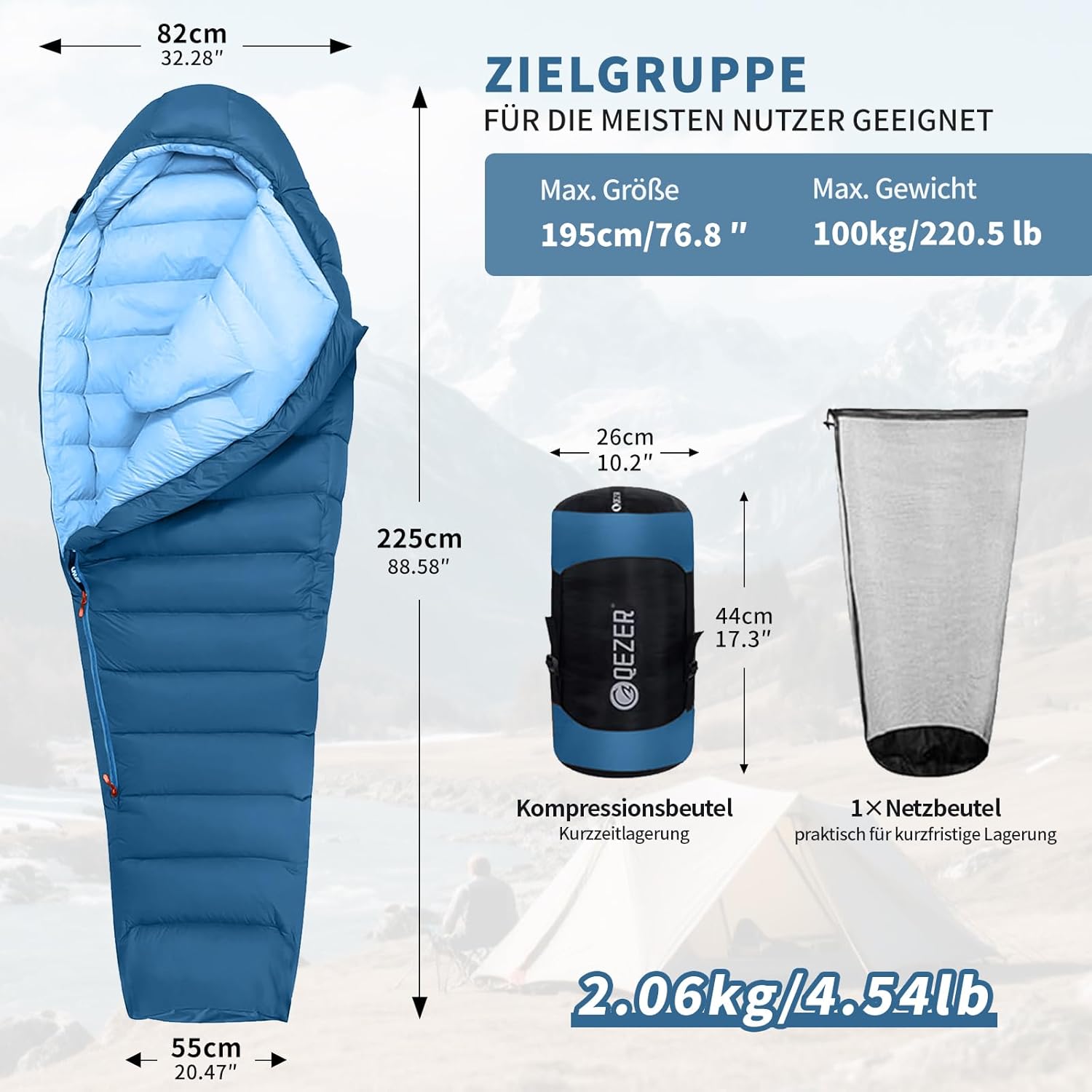 Daunenschlafsack, Winterschlafsack, gefüllt mit 650er Entendaunen. RDS-Zertifiziert. Geeignet für Temperaturen von 8 °C bis -30 °C, ideal zum Campen und Bergsteigen.