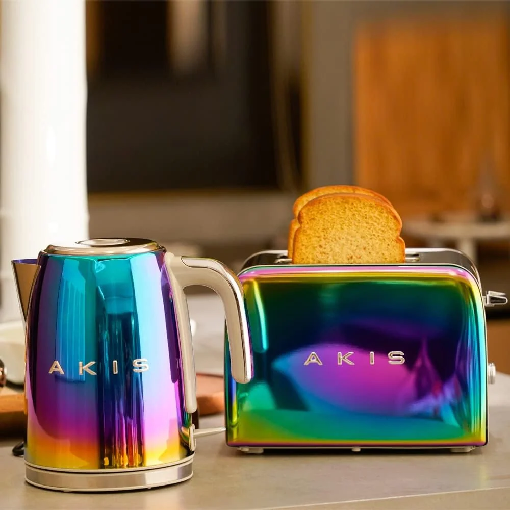 AKIS La Fête Design Toaster und Wasserkocher Set aus Edelstahl in Regenbogen bunter Farbe Modern, Wasserkocher mit Kalkfilter 1,7L. 2400W, 850W