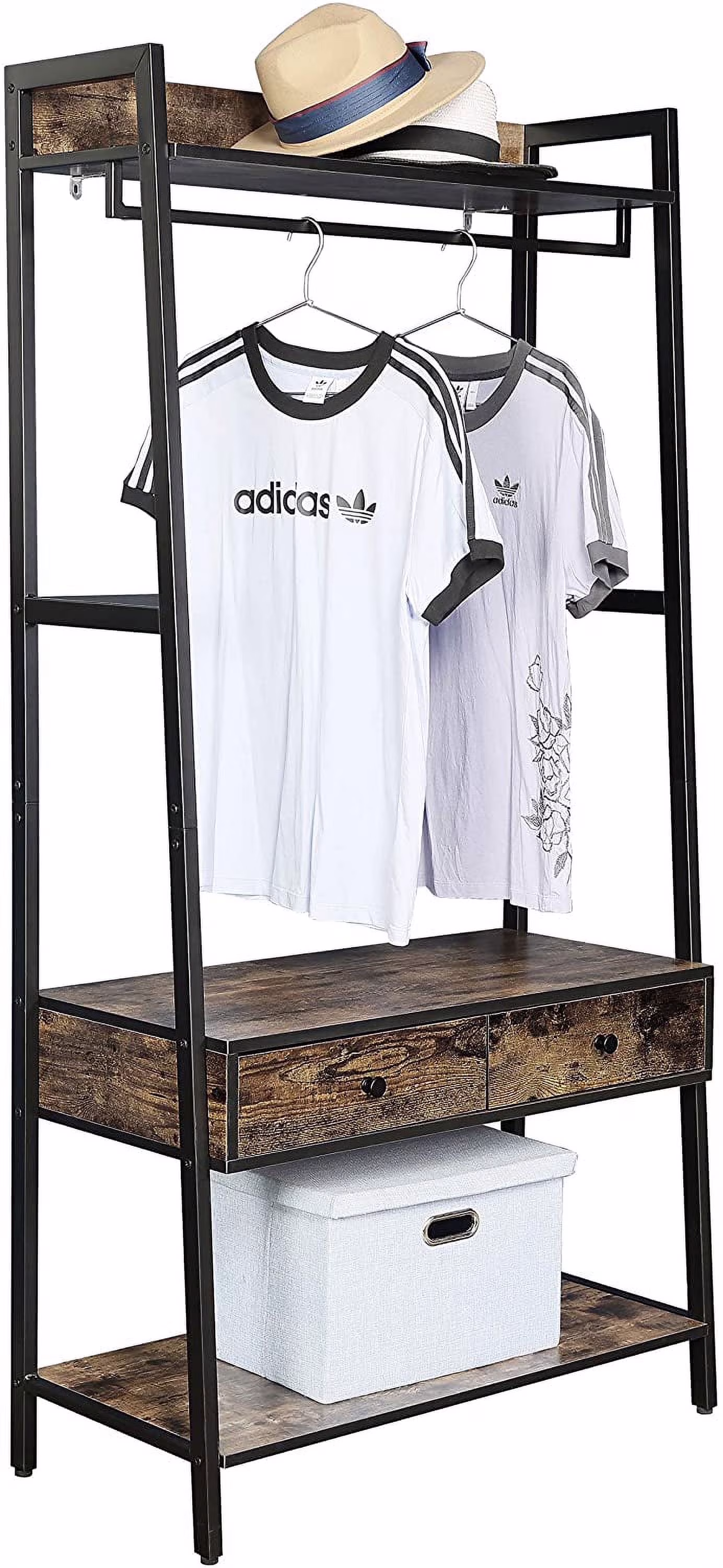 JJS 33" Entryway Coat Rack, Industrial Rustic Hall Tree Shoe Bench with Storage Drawers and Shelf for Hallway, Wood Look Accent Furniture with Metal Frame, Rustic Brown