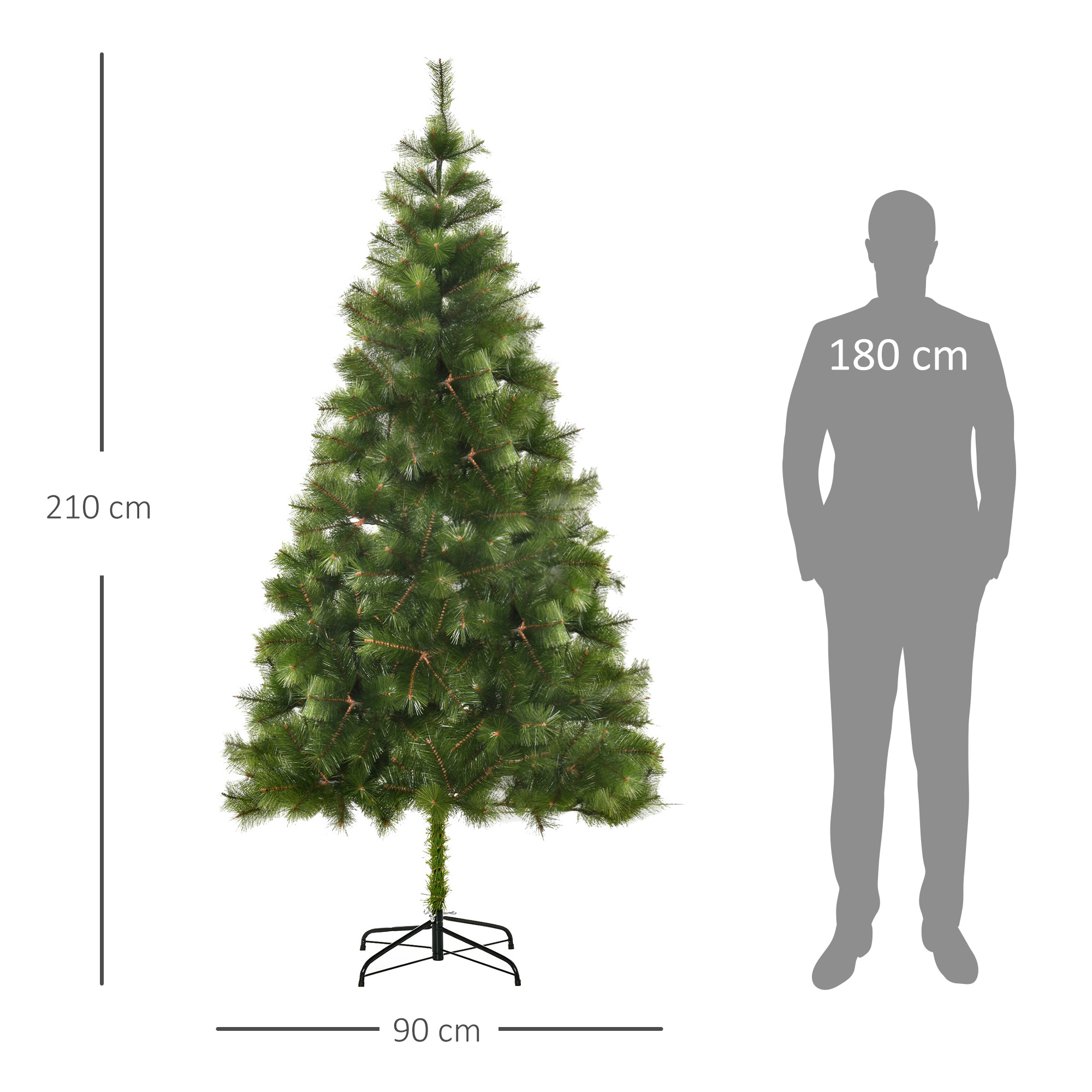 Kunstkerstboom 2,1 m kerstboom dennenboom 505 takken dichte takken eenvoudig te monteren authentieke kerstboom met metalen standaard PET metaal groen ? 90 x 210 cm