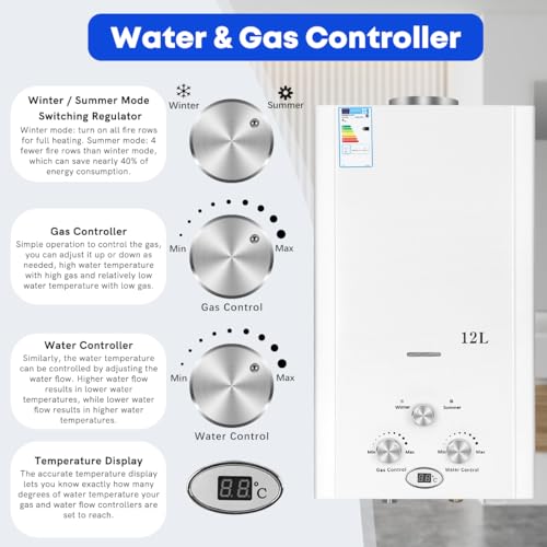 Xverycan Scaldacqua a gas da 12 l, 24 kW, GPL per acqua, propano butano, applicabile, scaldabagno senza serbatoio, per uso domestico, campeggio, roulotte, cabine all'aperto, fienili : Amazon.it: Fai da te