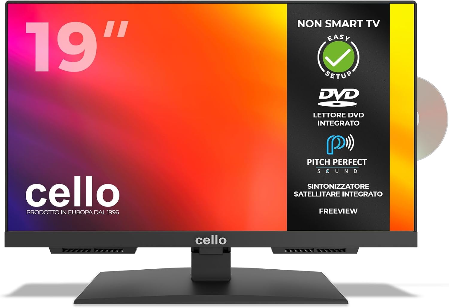 Cello C1924F TV LED da 19' con Lettore DVD Integrato, Triple Tuner, Audio Pitch Perfect, ideale per Cucina e Piccoli Spazi