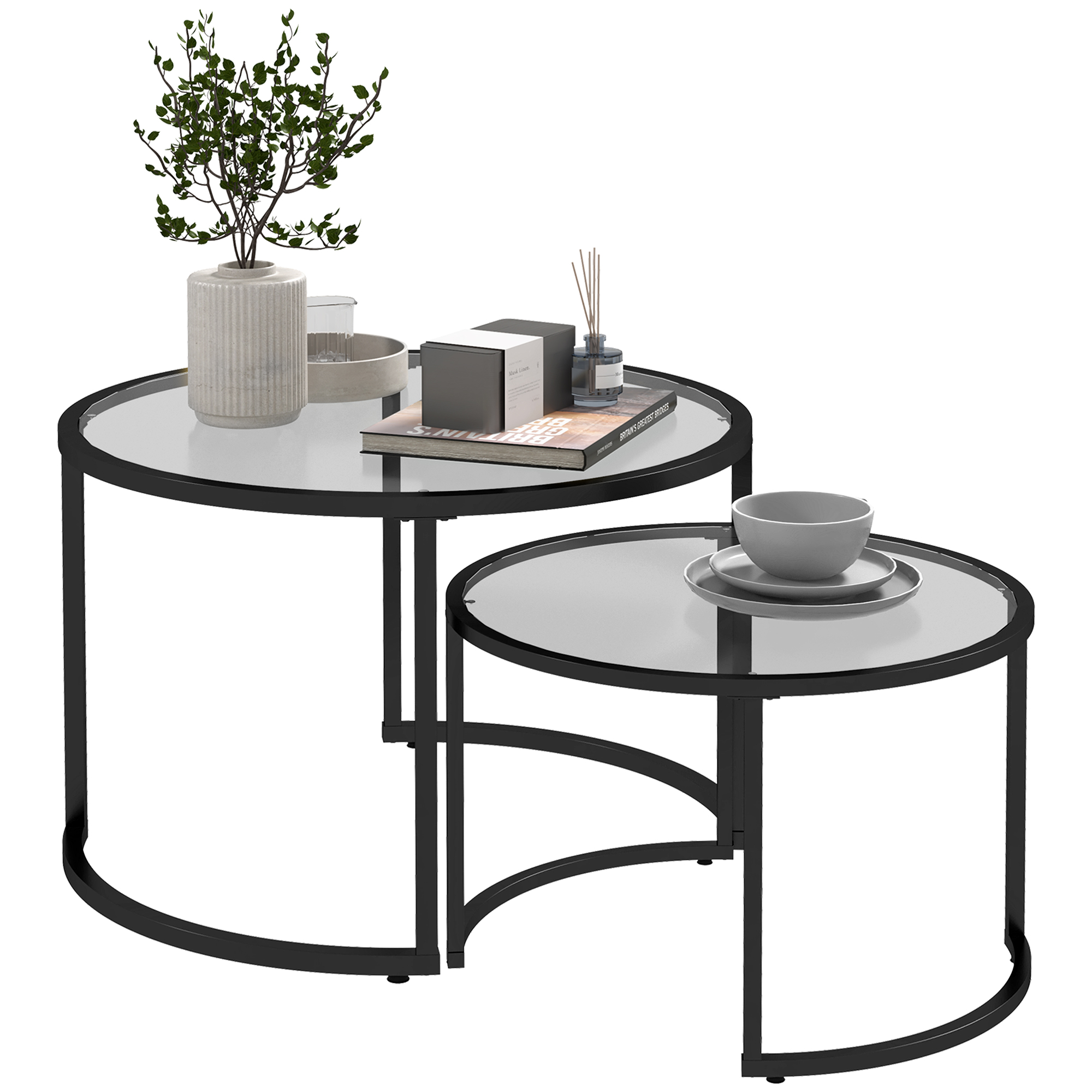 2-delige Bijzettafels Salontafels Industrieel Design, Glazen Tafels, stapelbaar, Zwart + Transparant