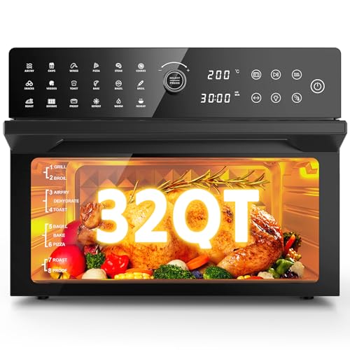 32QT Extra Large Air Fryer, Toaster Oven Air Fryer Combo, 360°Hot Air Circulation for Healthier Food, 1800W Preset Dual Cook, 13