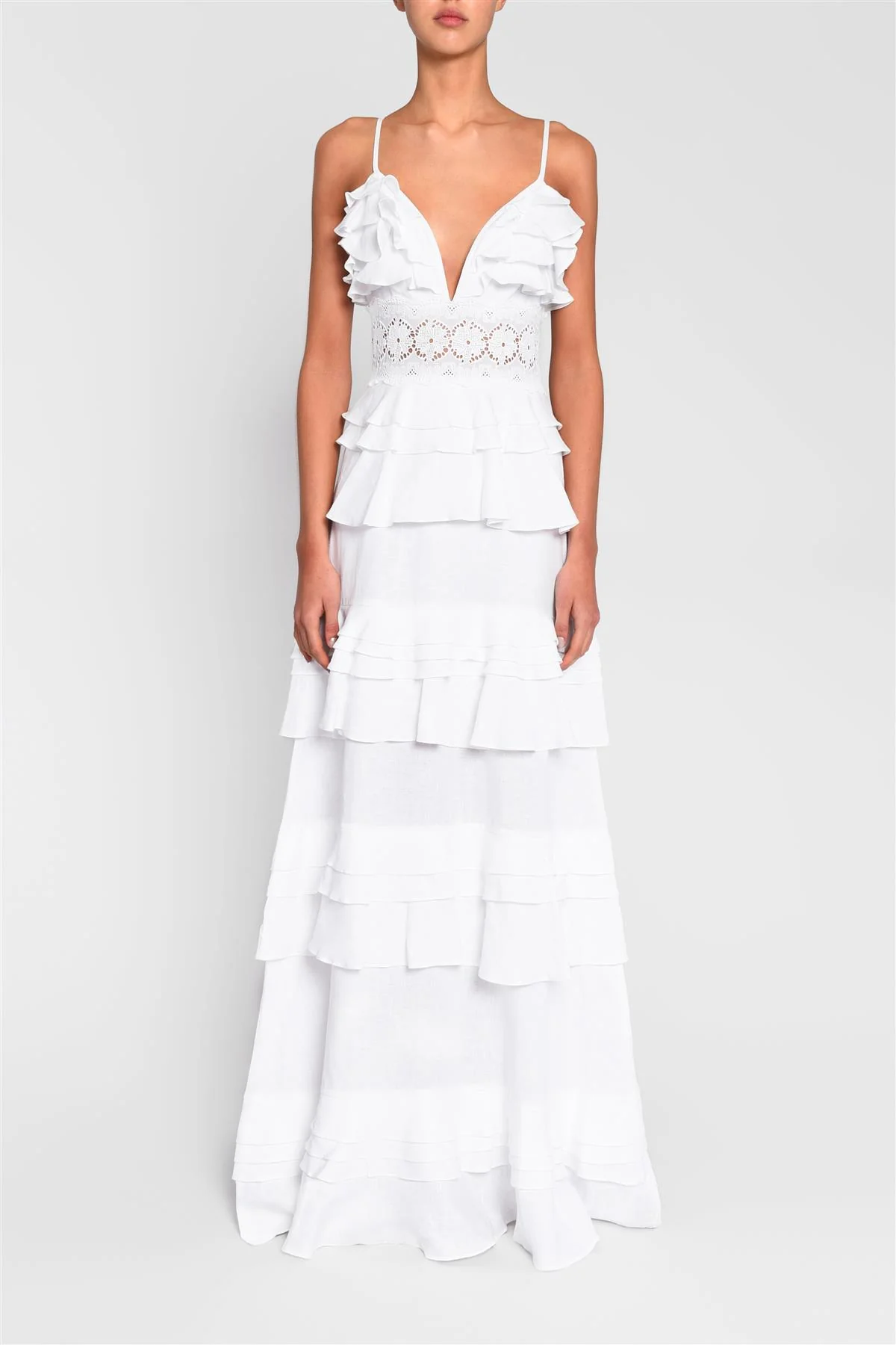 Sophia White Plunge Front Tiered Ruffle Maxi-Dress