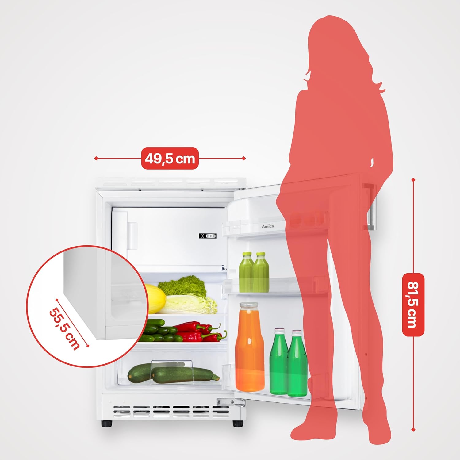 Amica Unterbau Kühlschrank dekorfähig für 815 cm Nische elektronische Steuerung Inverter Kompressor LED Beleuchtung Tür-Offen-Alarm, 82 liters