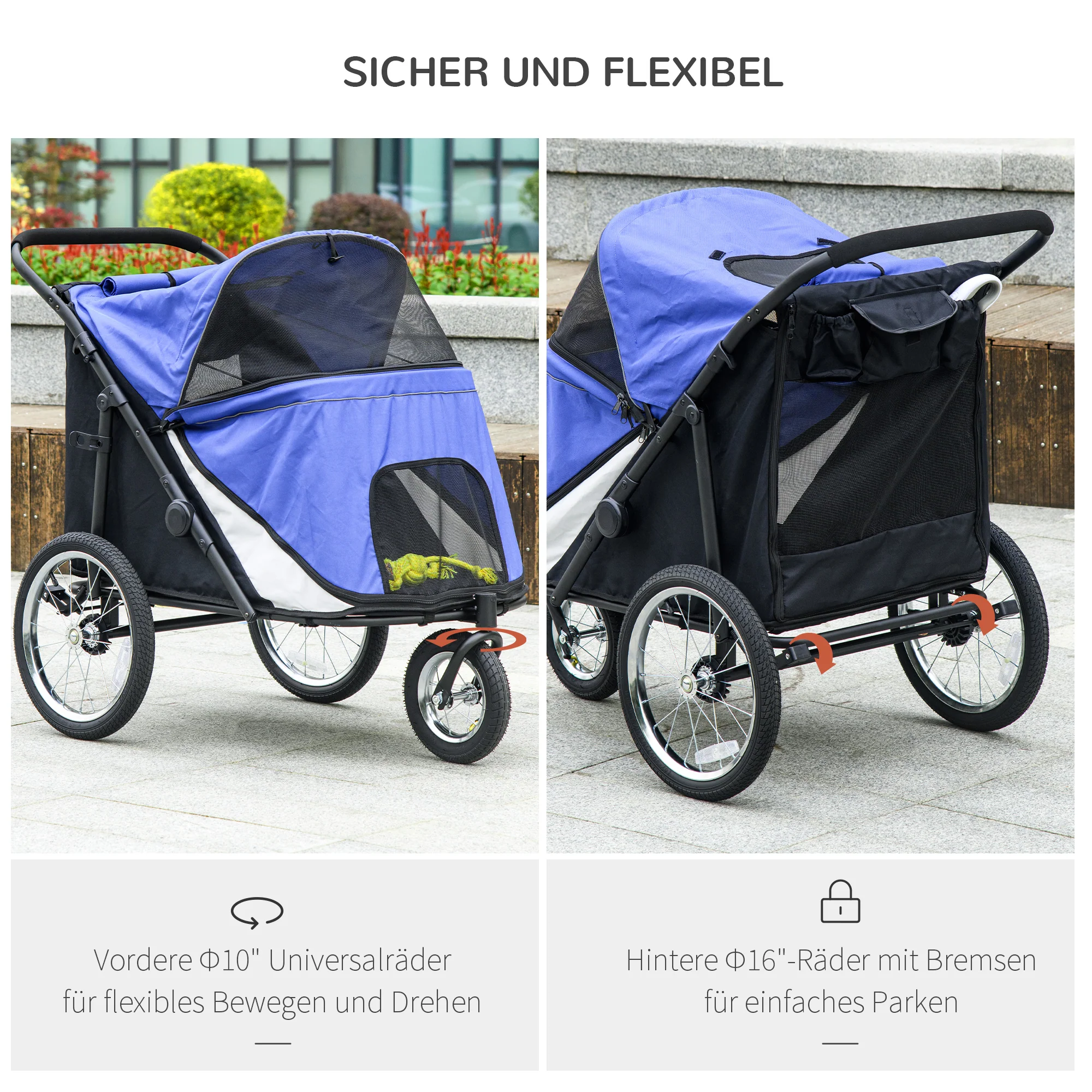 PawHut Hondenbuggy, inklapbaar, opklapbaar, Ligkussen, Stalen frame, Blauw/Zwart