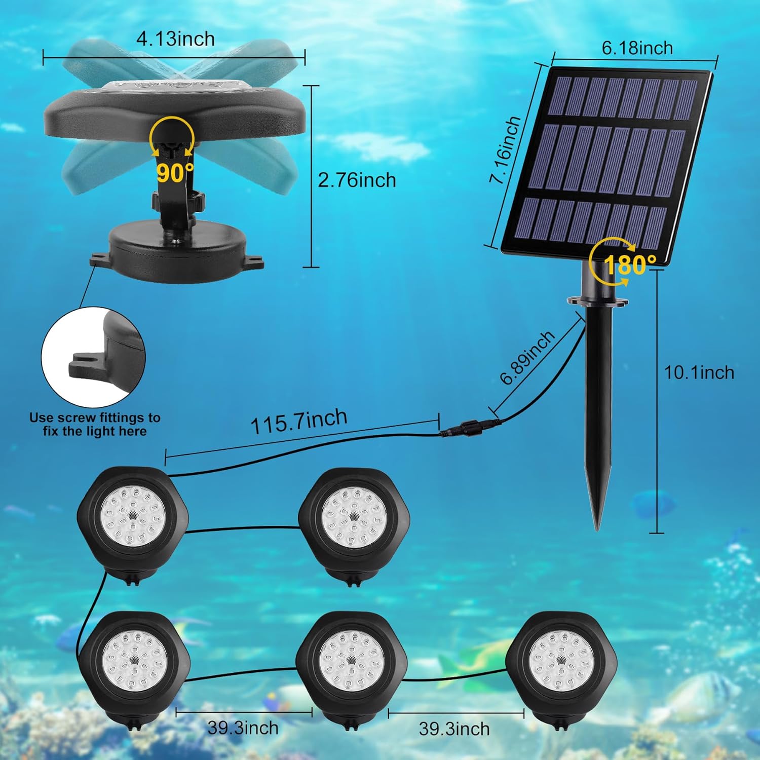 Solar-Teichleuchten für den Außenbereich, Landschafts-Spot, Unterwasser-Teichlicht, LED, RGB-farbig, IP68, wasserdicht, Brunnenlicht für Garten, Hof, Rasen, Weg (5 Stirnlampen)