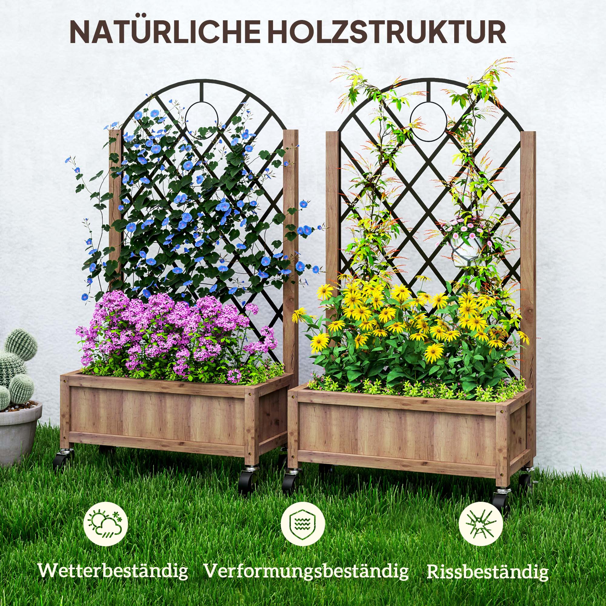 2-delige set verhoogde bloembedden met wielen, klimrek, trellispot bloembak hout 52x25x97cm Bruin