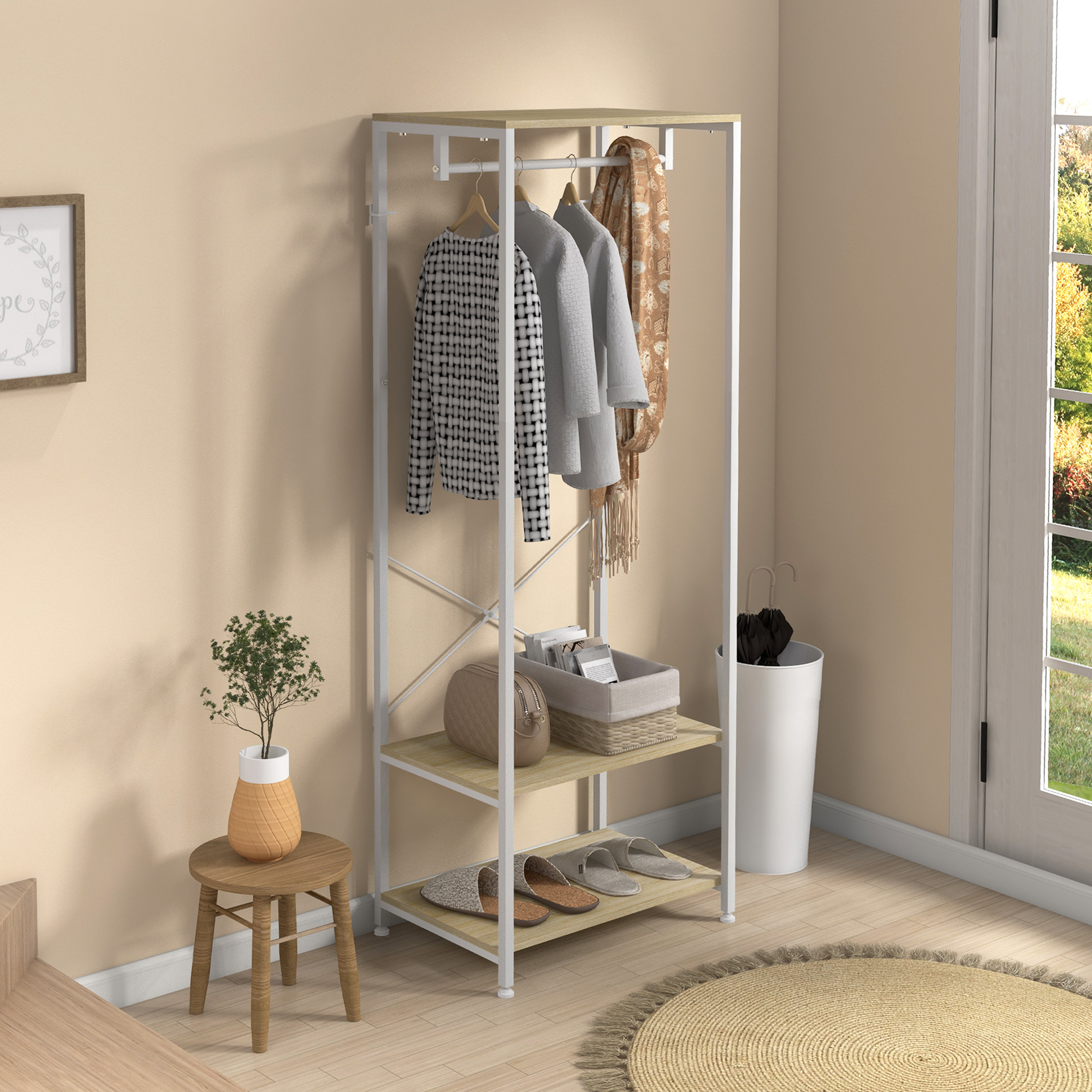HOMCOM Garderobenschrank mit Stange und 2 Schuhregalen 60L x 40B x 167,5H cm Hellbraun Holzoptik Weißes Metall