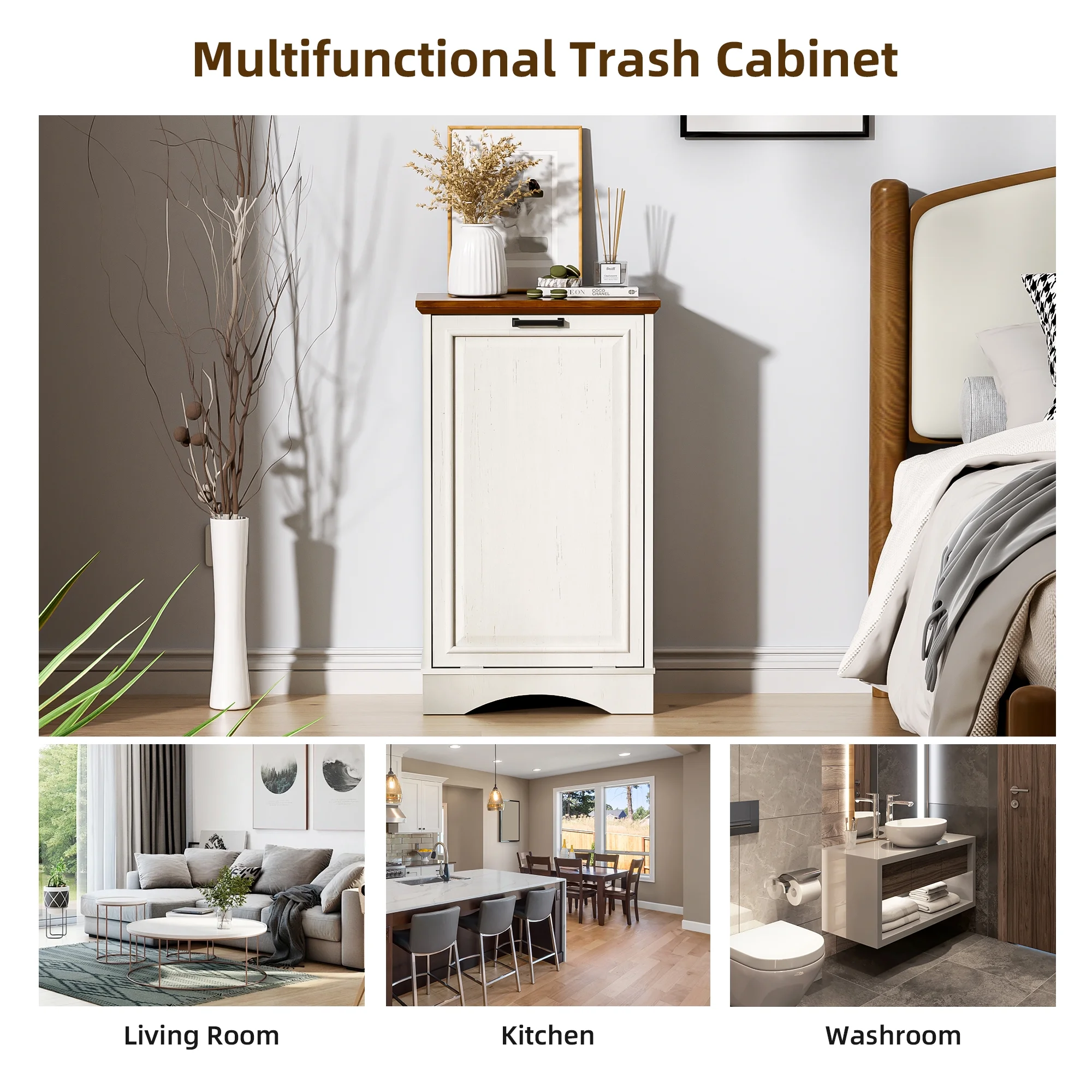 HARIPUL Single Tilt Out Trash Cabinet for 13 Gallon Waste Bin, Free Standing Kitchen Trash Can Cabinet with Drawers, White
