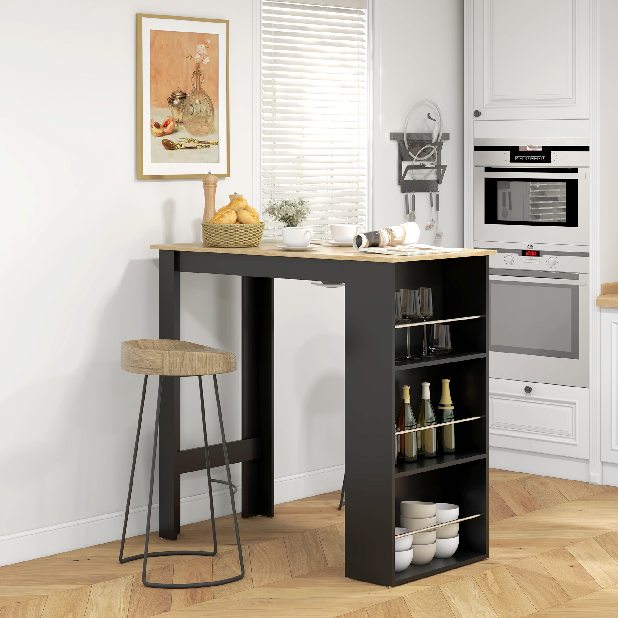 HOMCOM Tisch Bistrotisch hoher Küchentisch Stehtisch - Maße 112L x 57B x 106H cm - 3 Regale - Schwarz