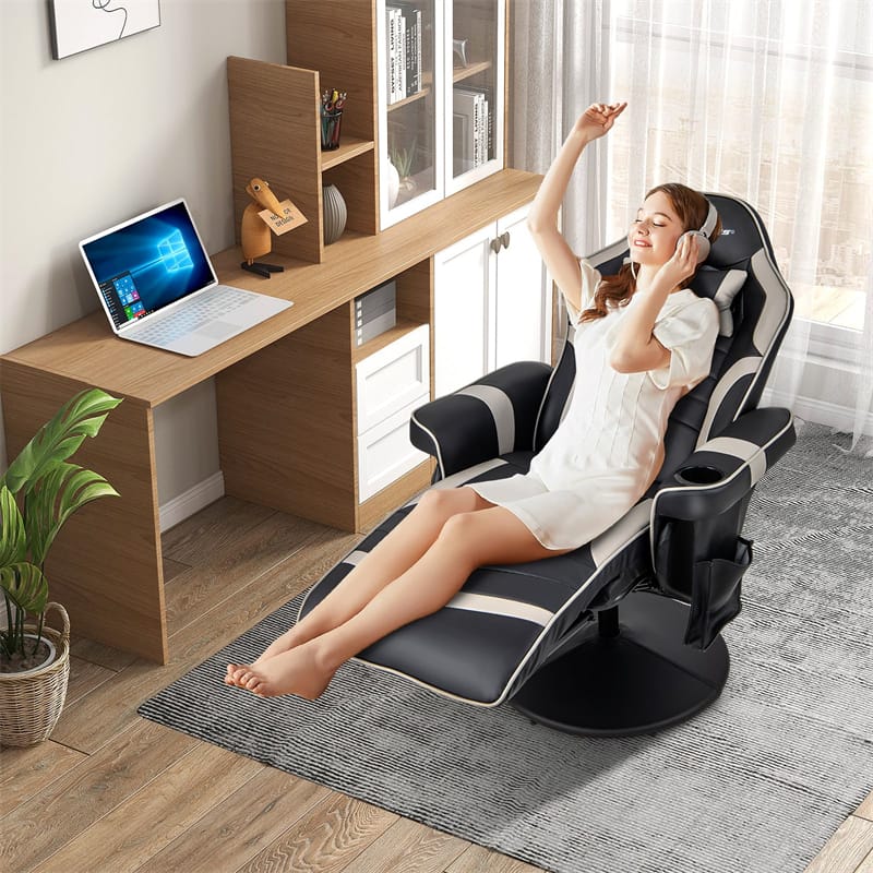 Ergonomic Gaming Recliner Chair with Massage, Retractable Footrest & Cup Holder, Height Adjustable Racing Style Swivel Video Game Chair