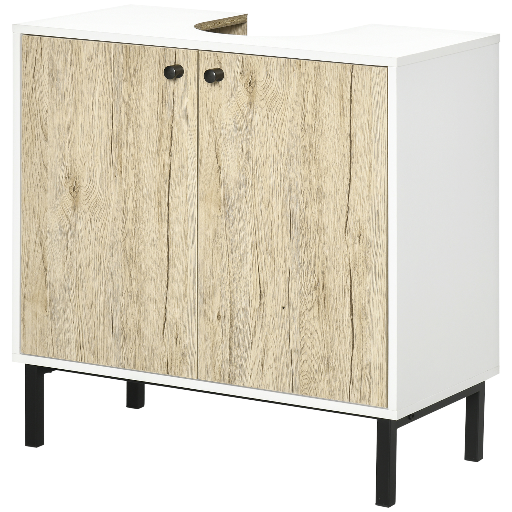 kleankin Moderner Waschtischunterschrank mit Metallgestell doppelter Tür 60 x 30 x 60 cm - Weiß und Holzfarbe