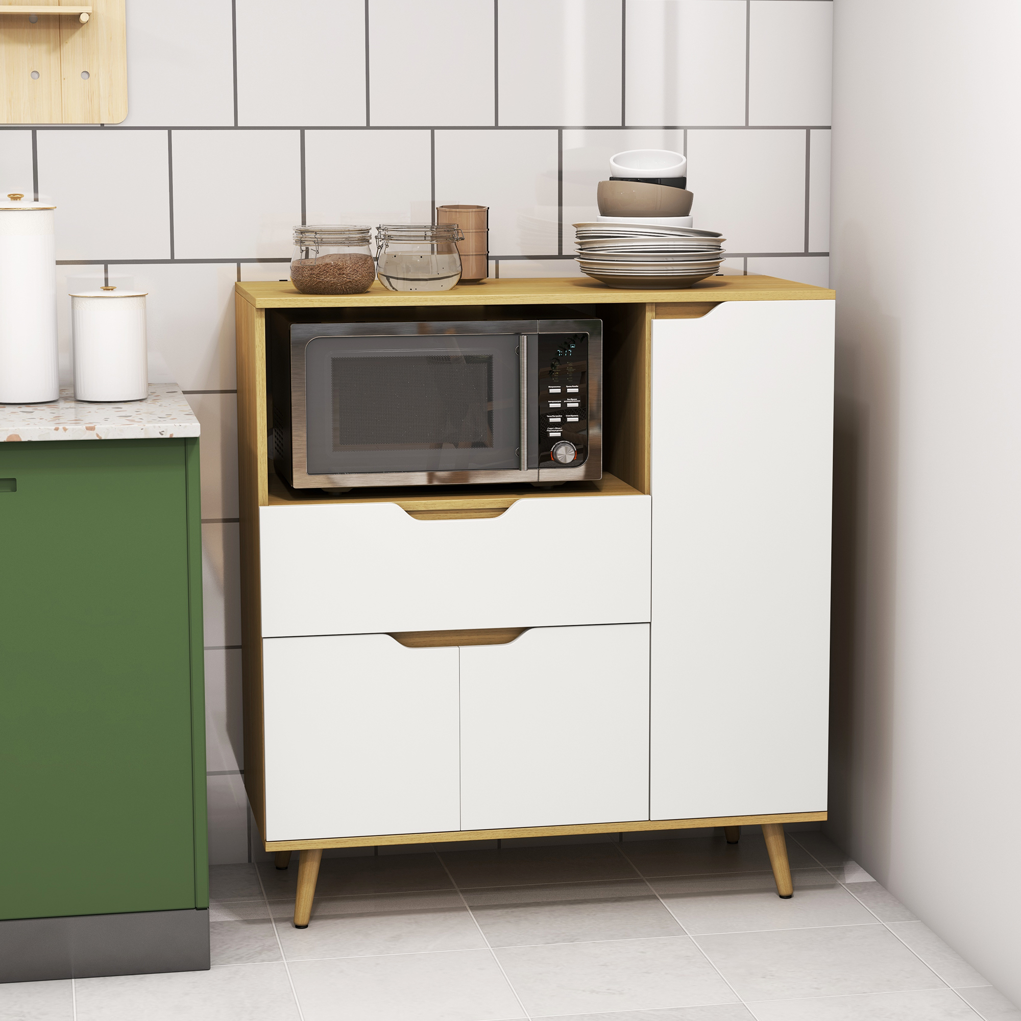 HOMCOM Küchenaufbewahrungsschrank für Mikrowelle, 1 Schublade, 2 Schränke ein Regal, 90 x 40 x 98,5 cm, Holz und Weiß
