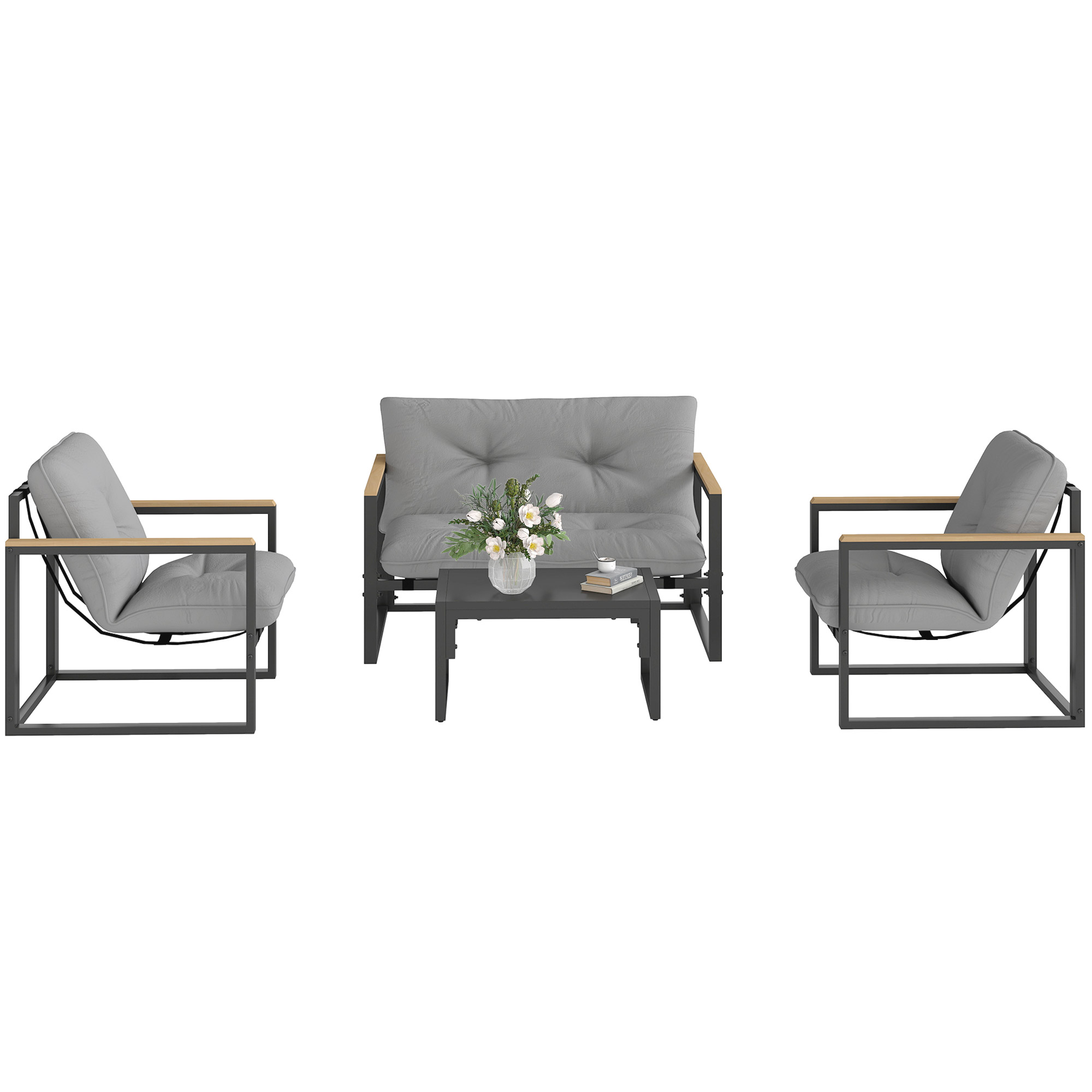 Outsunny Gartenmöbel Set 4 Personen wetterfest Balkonmöbel-Set mit 2er Sofa, Sessel Sitzkissen Hellgrau