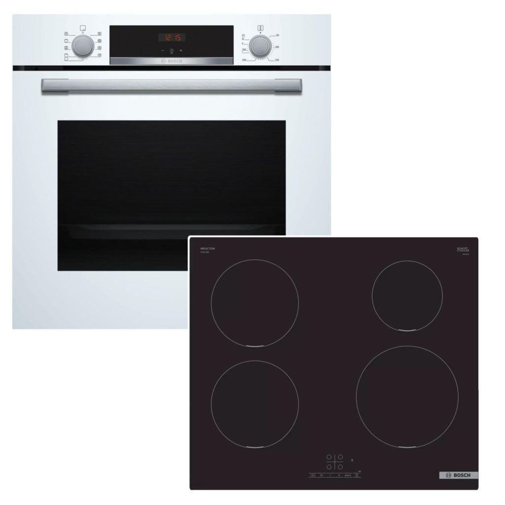 Backofen-Set weiß autark 3D Heißluft 71L Hydrolyse Induktionskochfeld PowerBoost