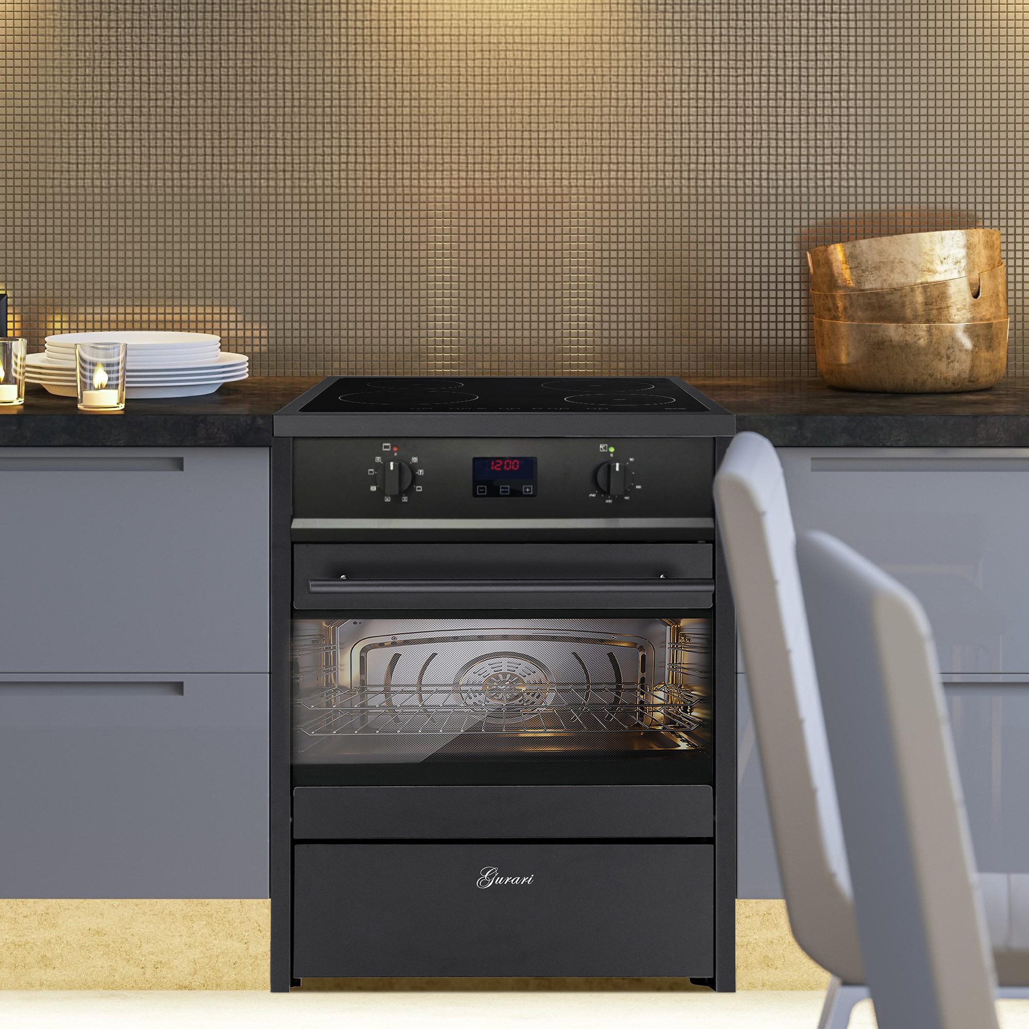 Induktions-Standherd 60 cm Schwarz Induktionsherd Freistehend mit 4 Boosterkochzonen GCH E 612 BL.