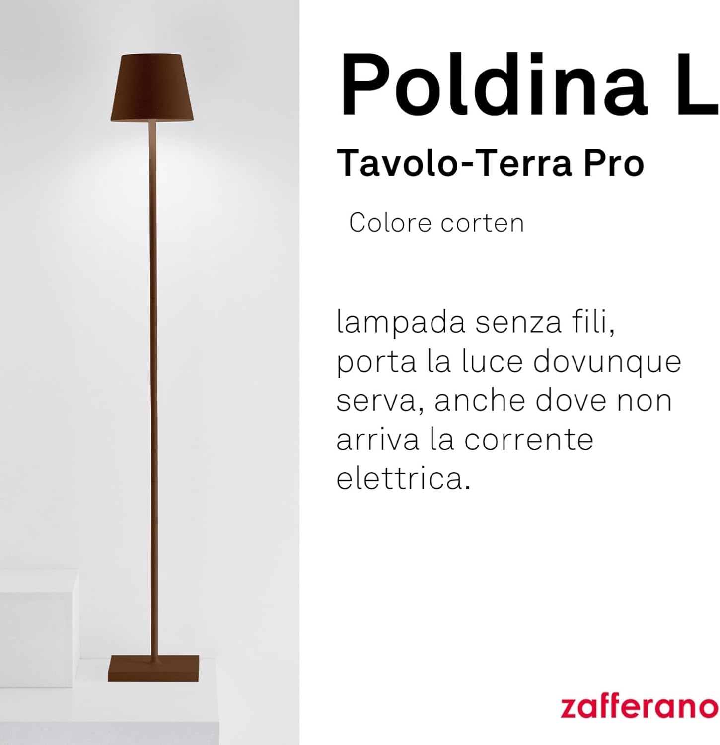 Zafferano, Poldina L, Rechargeable and Wireless Floor Lamp with Touch Control, Suitable for Living Room and Outdoor, Dimmer, 2200-3000 K, Adjustable Height 52-122 cm, Corten