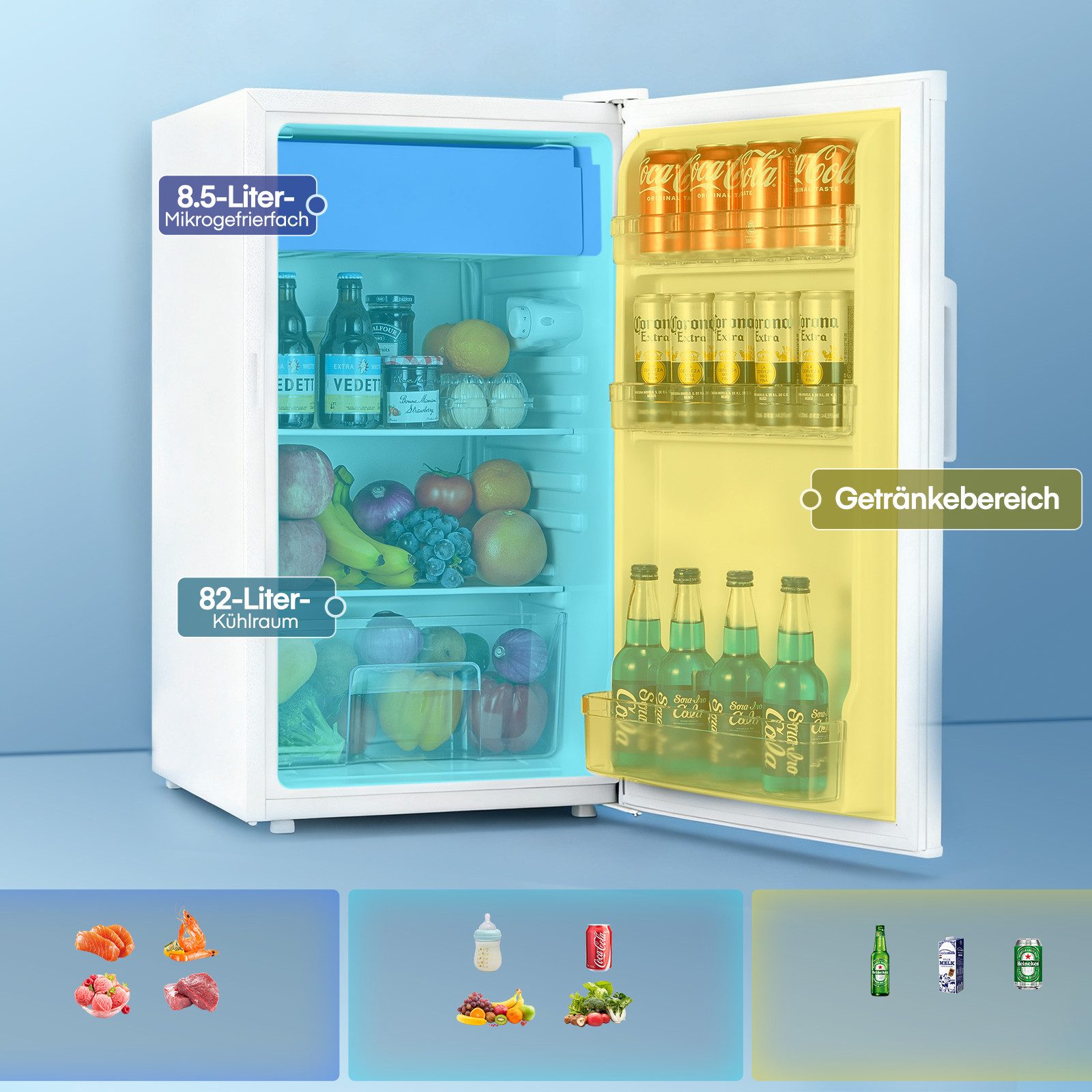 Kühlschrank 90L, Kühl- und Gefrierfunktion, Gemüseschublade, 7 Einstellstufen BC-90