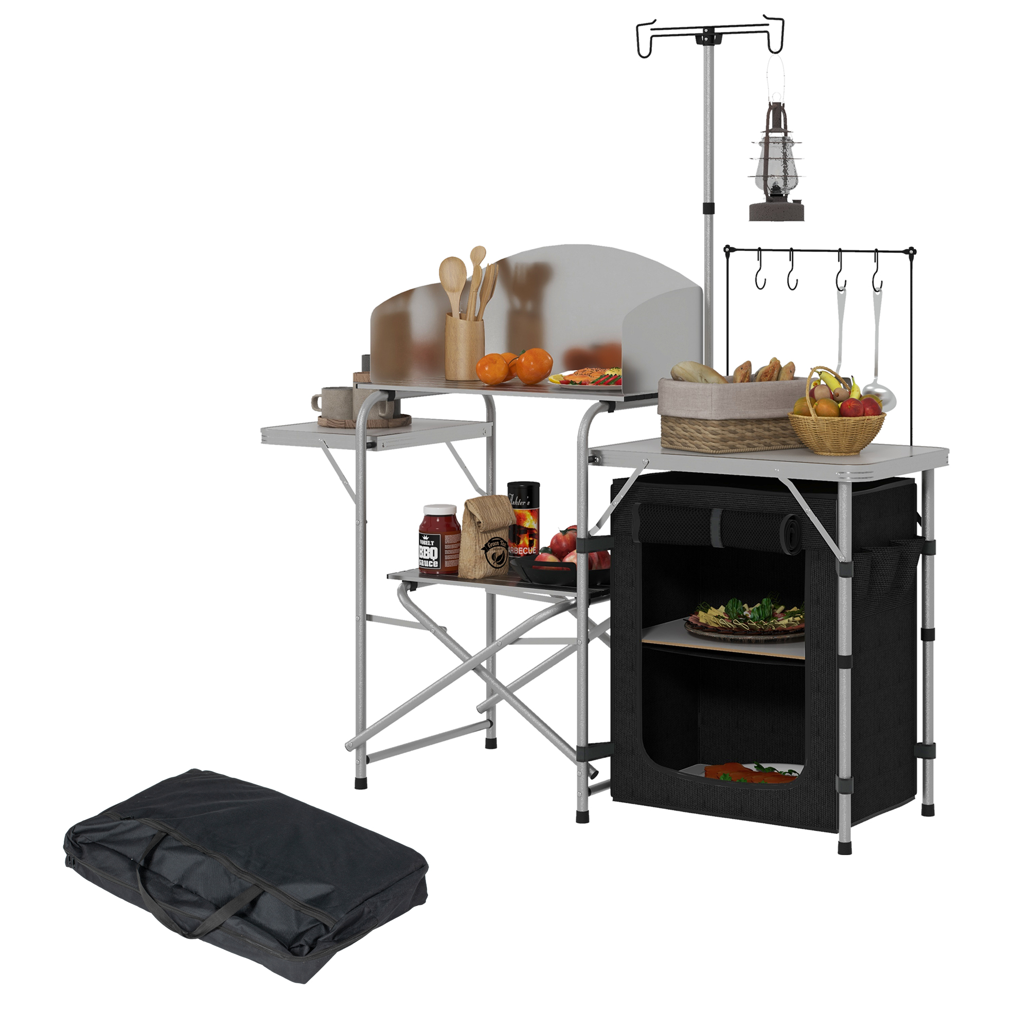 Outsunny Campingmöbel mit Aufbewahrung für Camping, tragbarer faltbarer Outdoor-Küchentisch aus Aluminium mit Transporttasche