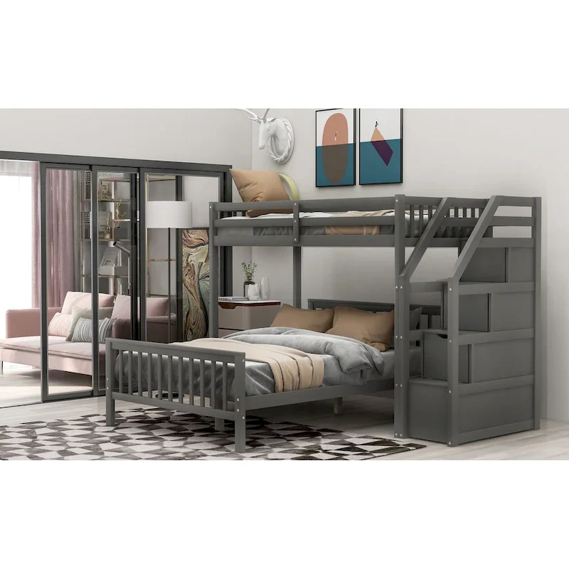 Twin Over Full Wood Loft Bed with Staircase,High Guardrails and Ladder