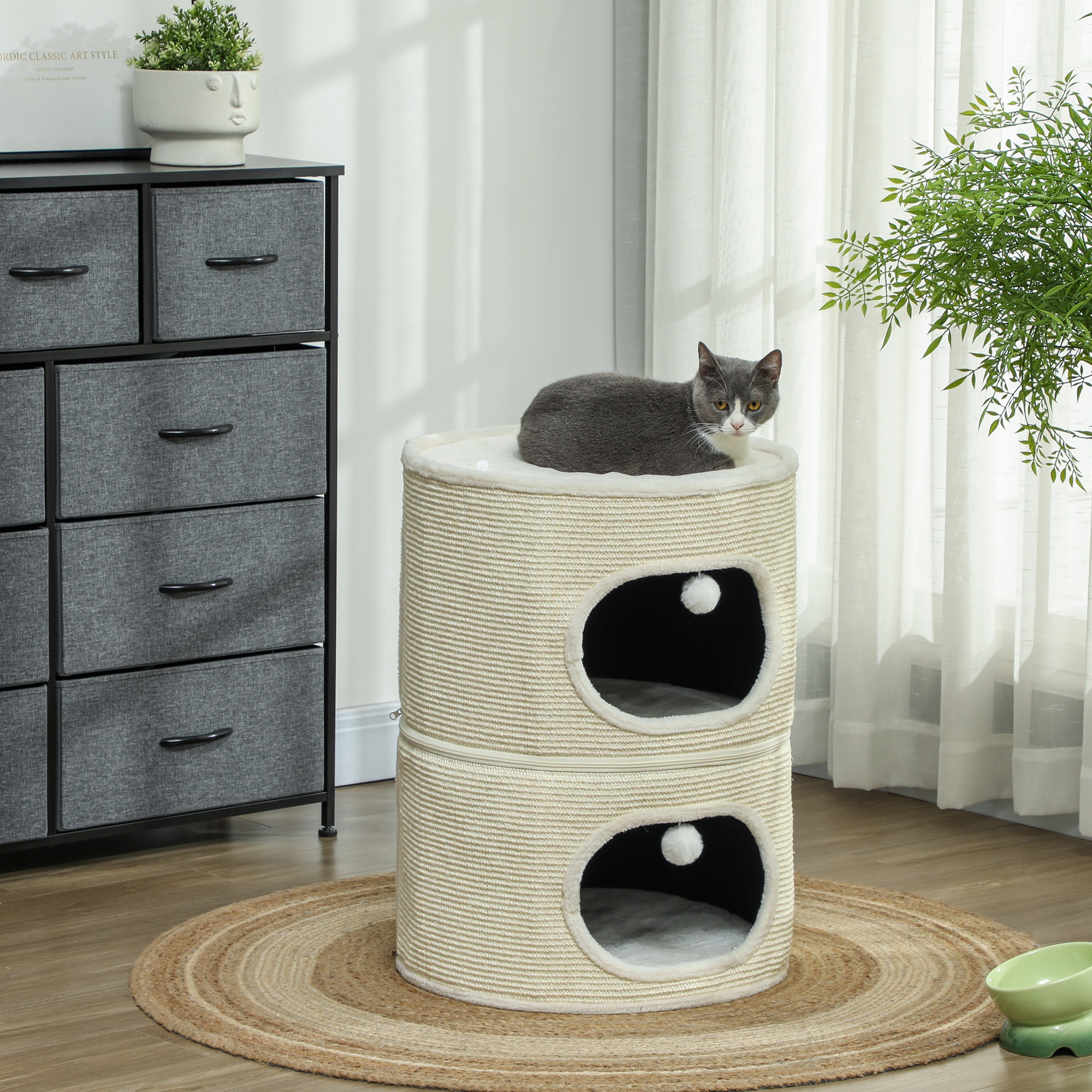 PawHut Modularer Katzenturm Kratzbaum separater Reißverschluss 3 Ebenen Kratzmatte Ø 51 x 69 cm Creme