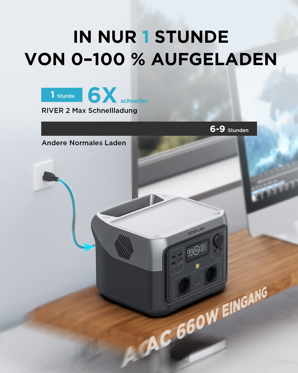 Tragbare Powerstation RIVER 2 Max mit 512 Wh LiFePO4-Akku, 1000 W Ausgangsleistung und 220 W Solareingang
