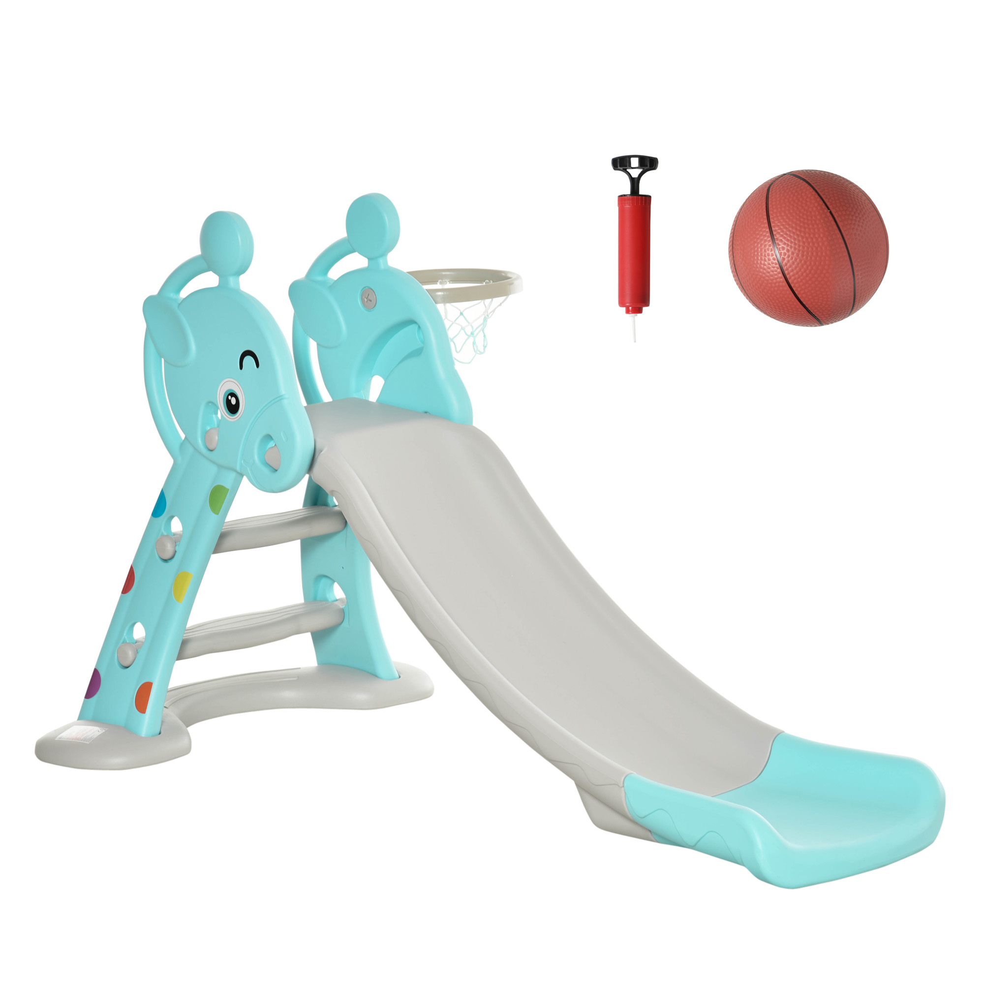 HOMCOM Kinderrutsche mit Basketballkorb faltbare Spielzeugrutsche mit verlängerter Heckkissen Dreiecksstruktur HDPE PP Hellblau+Grau 147 x 82 x 85,5 cm
