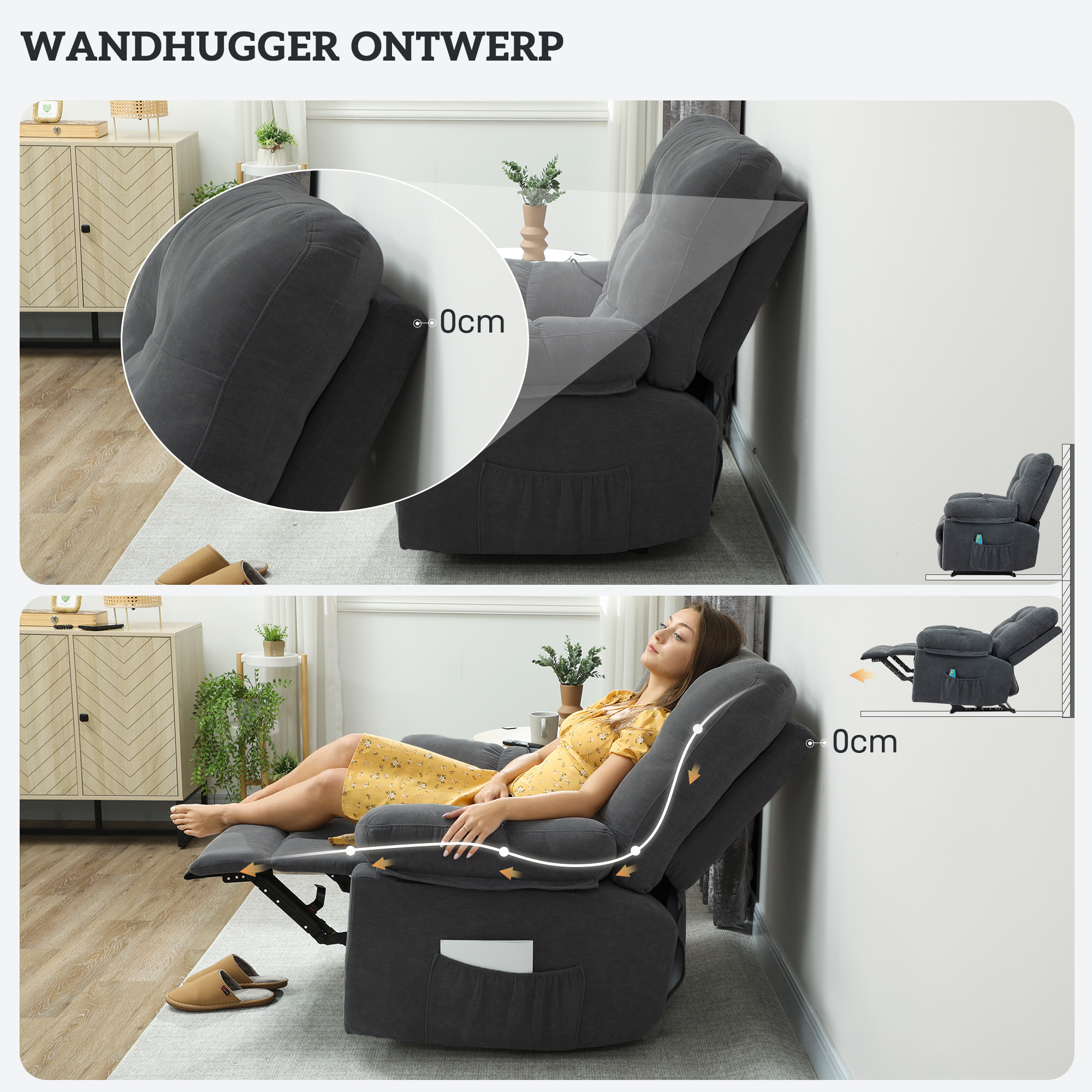 Relaxstoel met Massage, 8 Vibratiepunten, Verstelbare Voetsteun, Zijvak, Ligstoel, Grijs