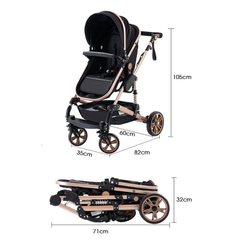 YAZOCO kinderwagen 3 in 1 Buggy Babybett Komplett Set Einem Klick Zusammenklappbarer Kinderwagen, KombiKinderwagen Aluminiumrahmen für Neugeborene Sitzzubehör (1 schwarz)