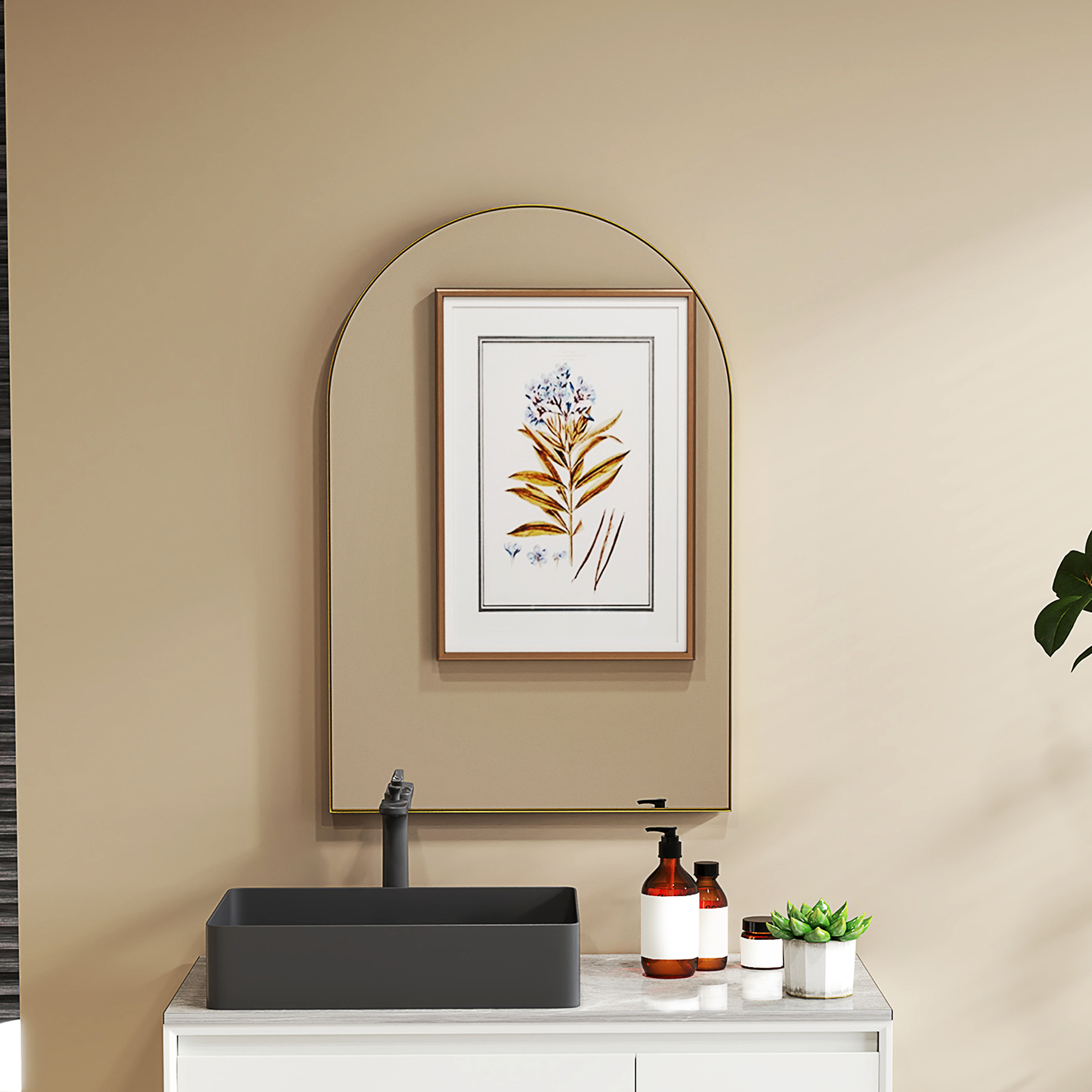 HOMCOM Gewölbter Wandspiegel Badezimmerspiegel mit Aluminiumlegierungsrahmen für Schlafzimmer Wohnzimmer Eingangsbereich 60 × 90 cm Gold