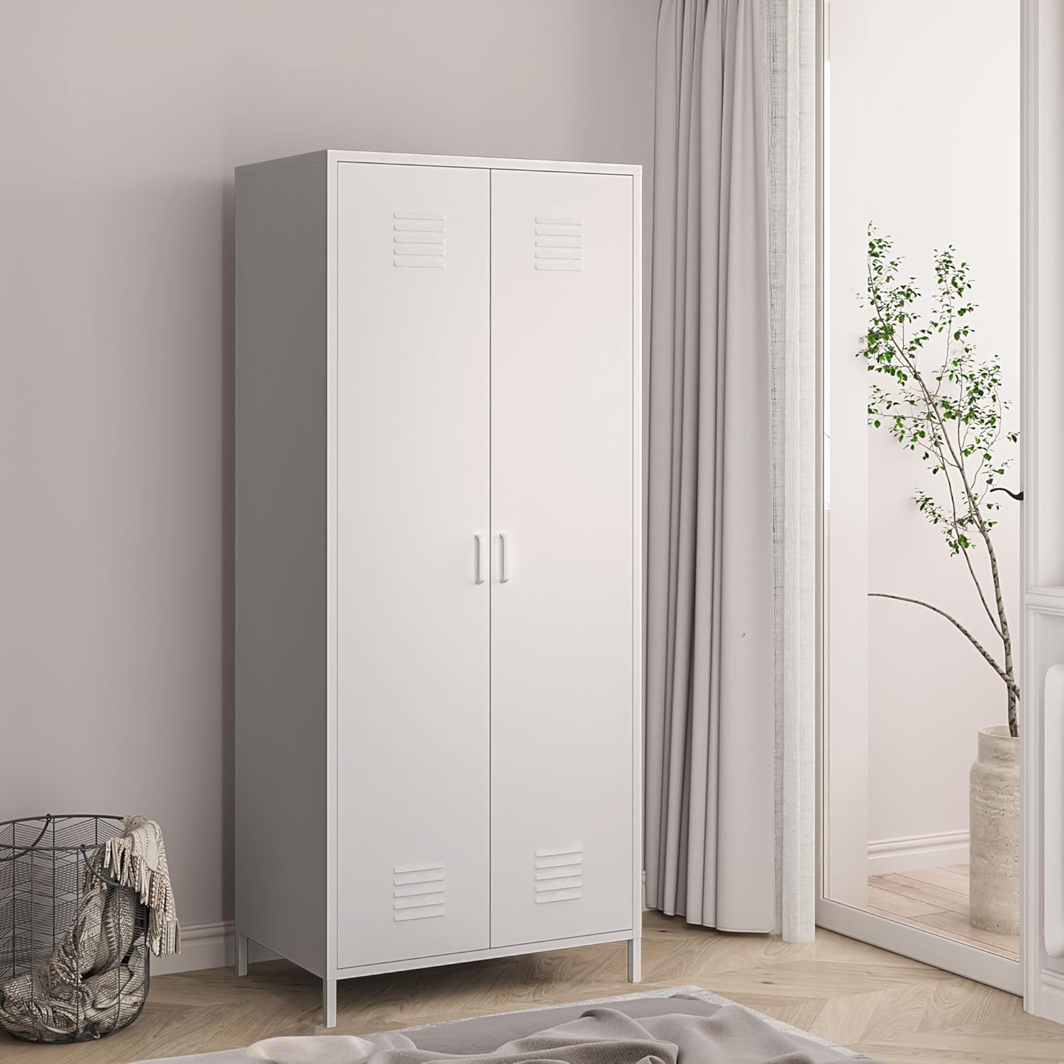 [en.casa] 2 Door Wardrobe with Clothes Space and Compartments Steel Wardrobe with Shelves for Bedroom Entrance 180 x 76 x 50 cm - White