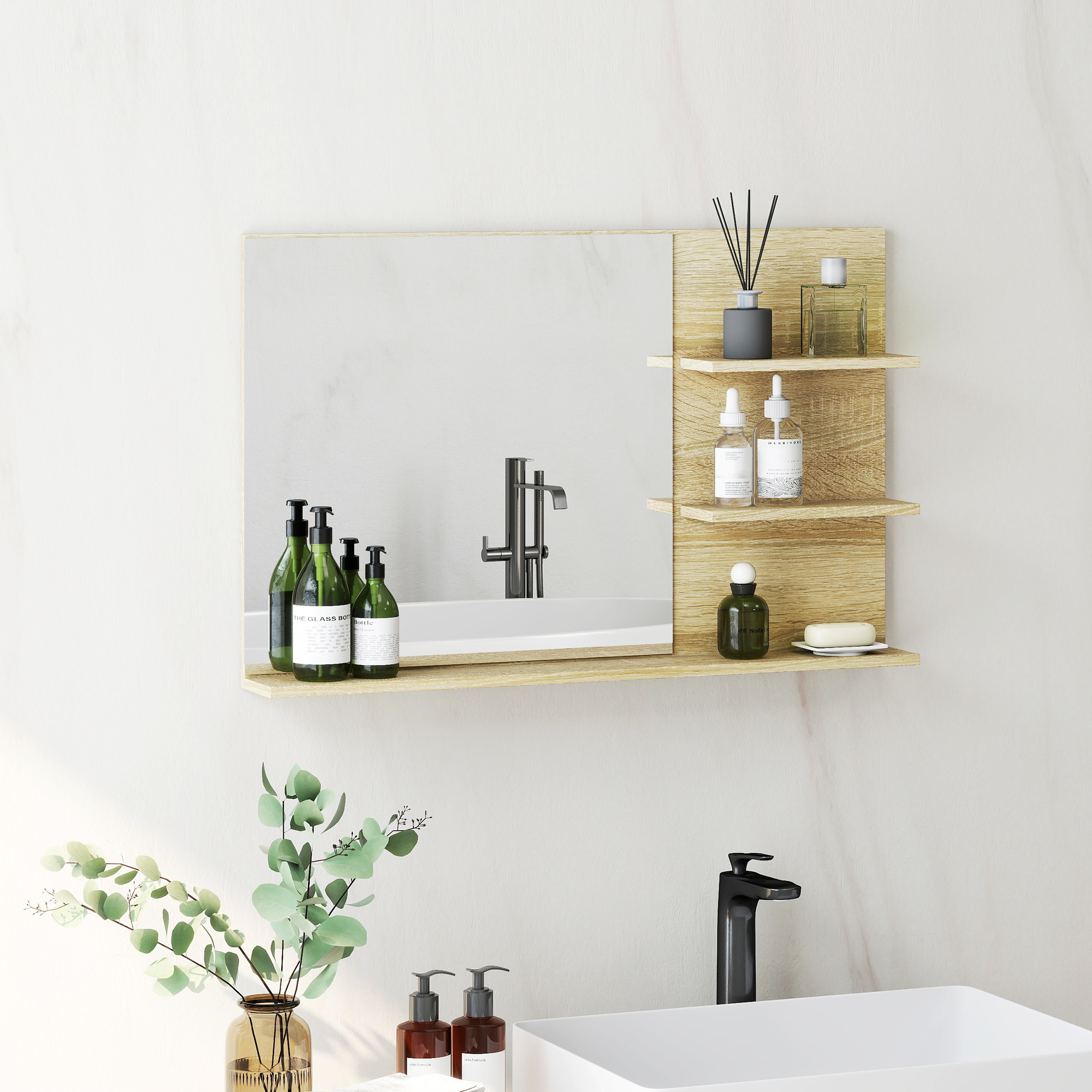 kleankin Badezimmerspiegel Modern mit 2 Seitlichen Regalen und Unterem Regal, aus Holz und Glas, 75x10x48 cm, Holzfarbe
