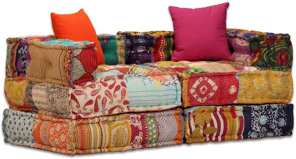 Pouf Modulare 2 Posti in Tessuto Patchwork Cuscino Seduta con Schiuma e Poliestere 140x70x58cm Trasformabile Letto Divano Chaise Longue con 2 Cuscini per Interno ed Esterno