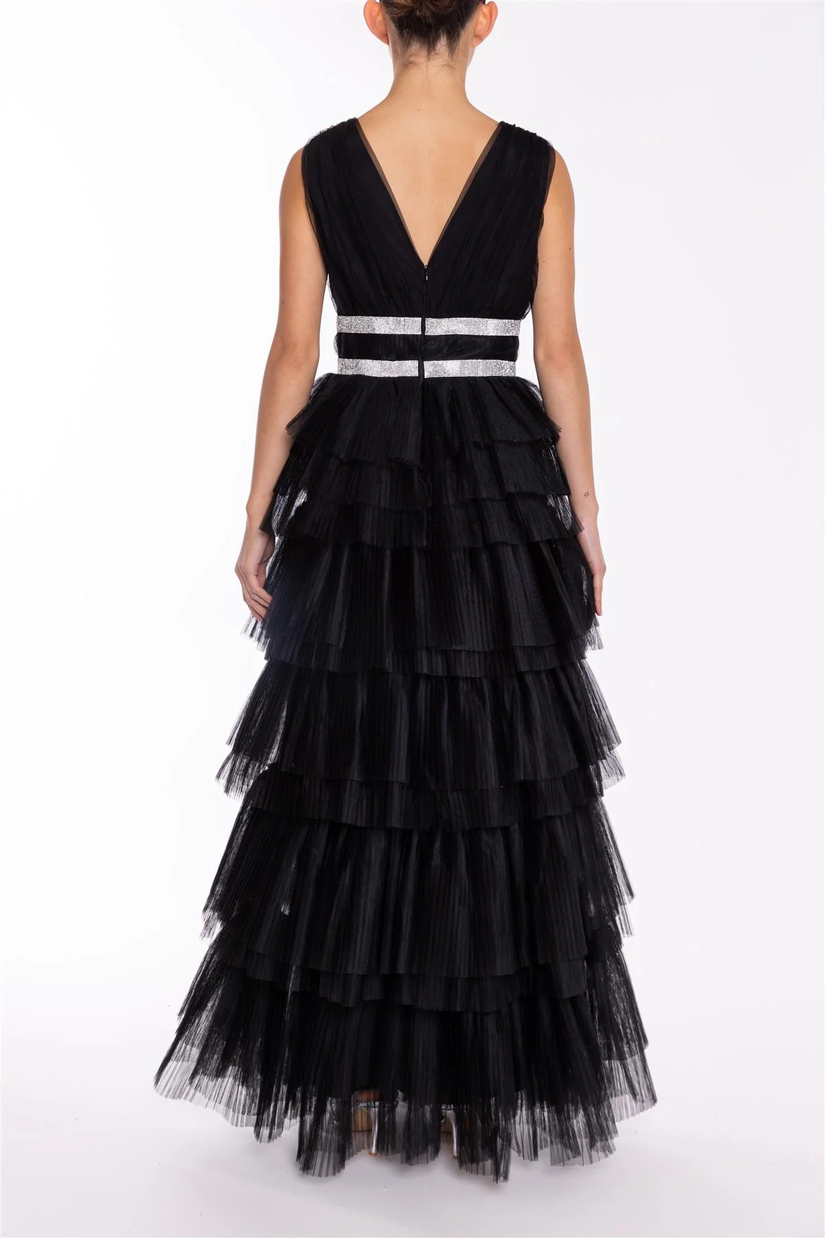 Elizabeth Black Diamante Belted Tulle Maxi Dress