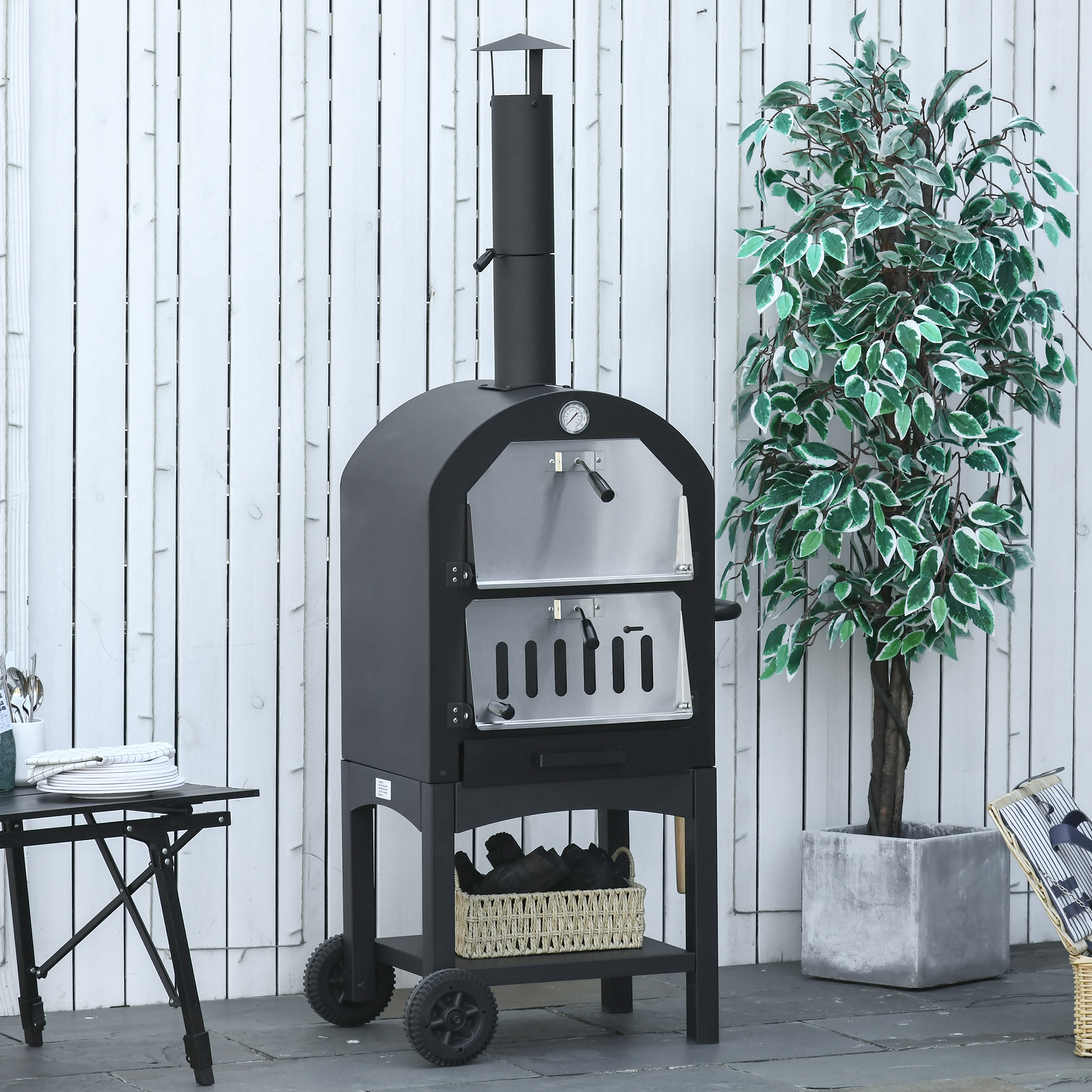 pizzaoven BBQ 3 niveaus zwart + zilver 63 x 54 x 161 cm