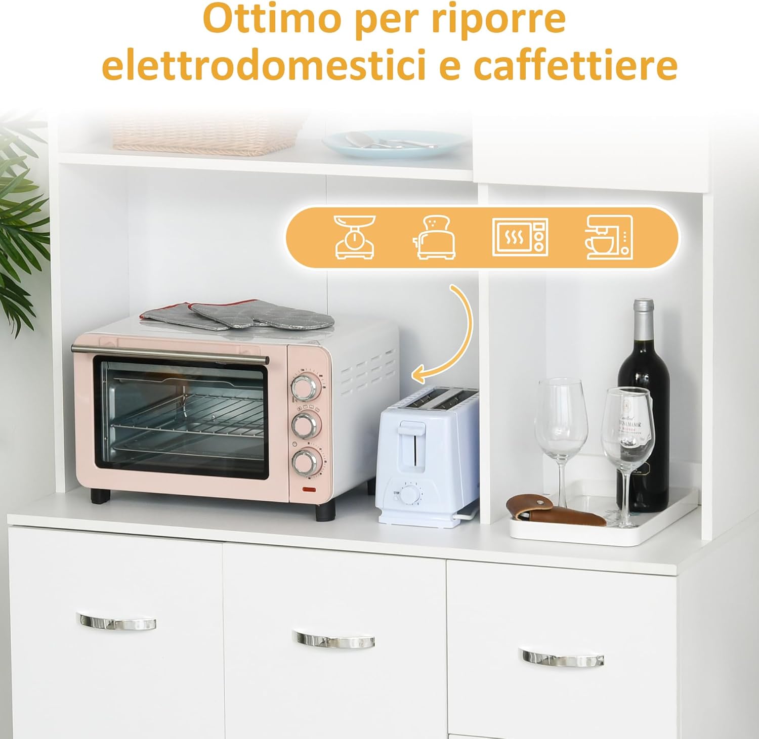 HOMCOM Credenza Alta Moderna con Cassetti e Armadietti, Mobile Cucina per Microonde con Ripiani Aperti, 100x39.5x183.5cm, Bianco