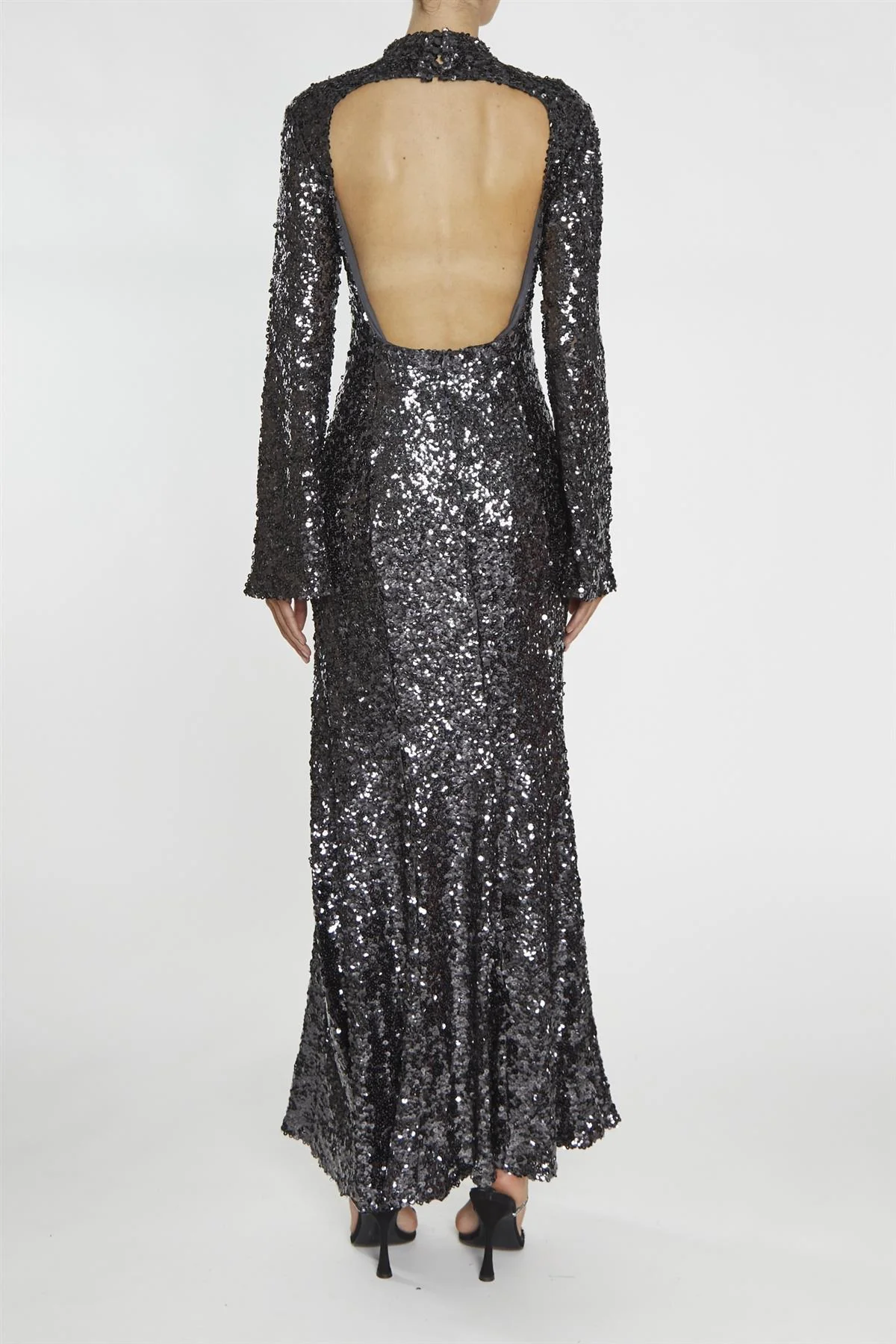 Vanessa Dark Pewter Sequin Open Back Maxi Dress