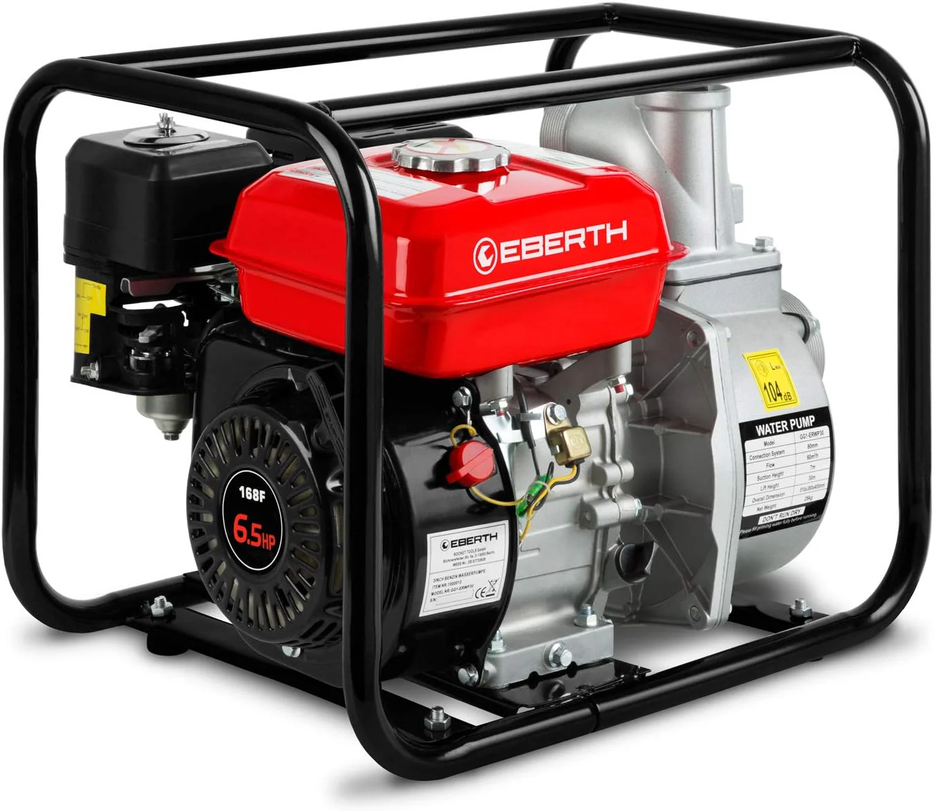EBERTH 5,5 PK waterpomp met 30.000l/u en 30m opvoerhoogte, 2 inch aansluiting, tuin-/vuilwaterpomp met 4-taktmotor en 7m aanzuighoogte, benzinepomp, trekstarter, metalen voet, handvat