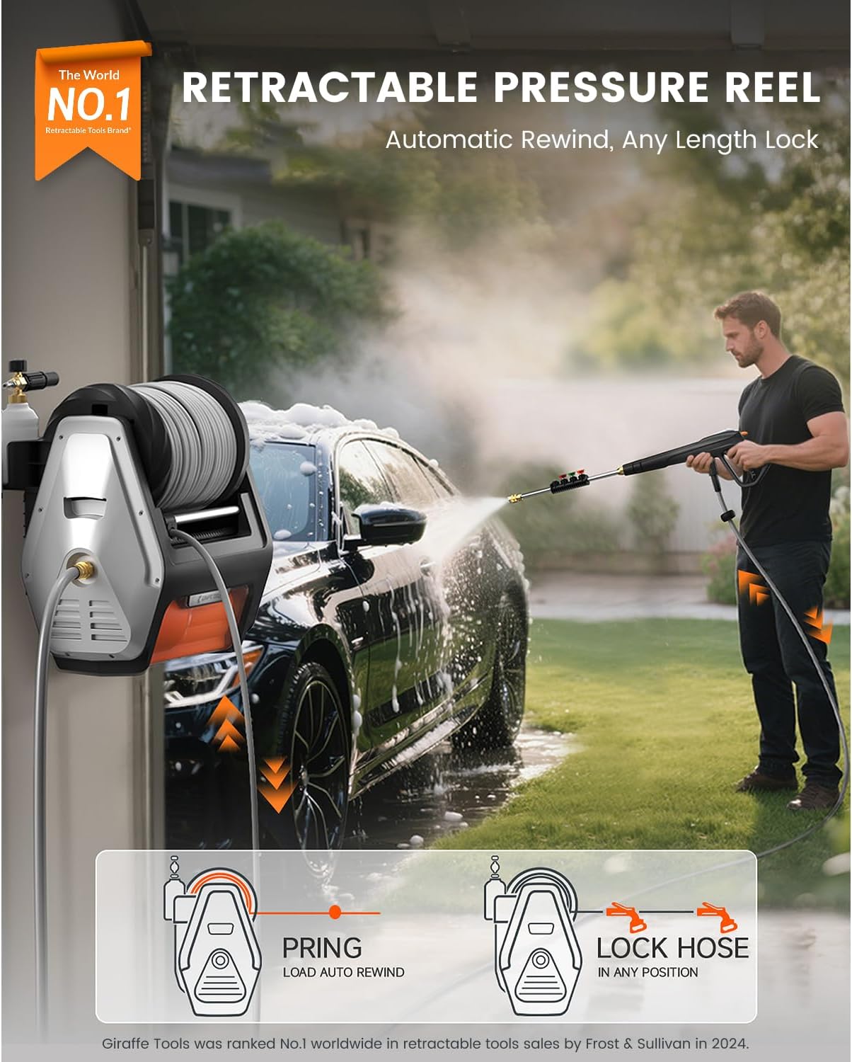 Giraffe Tools Grandfalls Retractable Wall Mounted Pressure Washer Pro  3700 PSI  1.6 GPM Electric Power Washer  Automatic Rewind  100ft Pressure Hoses  5 Nozzles for Cars/Fences/Patios  Light Silver