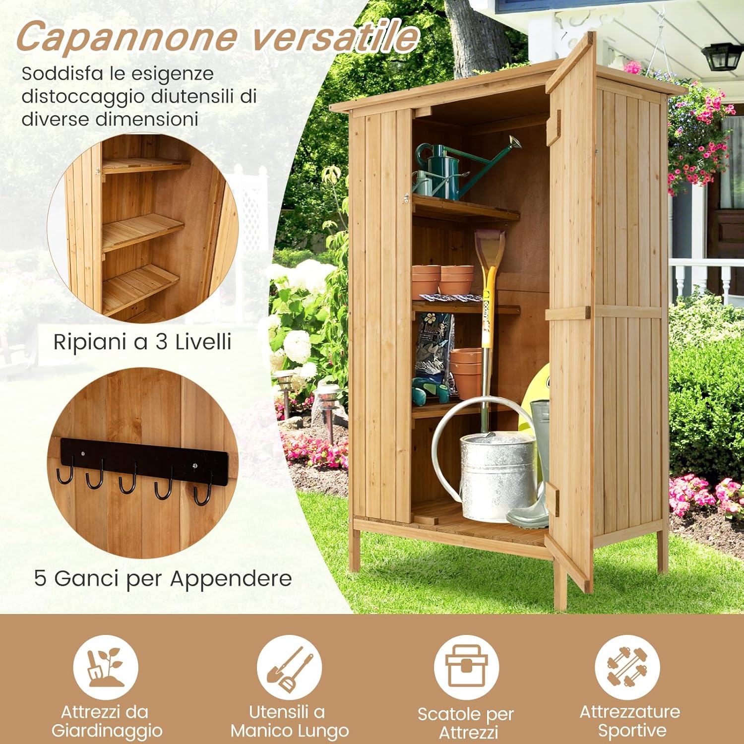 COSTWAY Armadio da Esterno, Casetta Porta Attrezzi da Giardino in Legno di Abete con Tetto in Asfalto, 3 Ripiani, Porta con Serratura e 5 Ganci, Ripostiglio per Balcone e Cortile, 91 × 66 × 150 cm