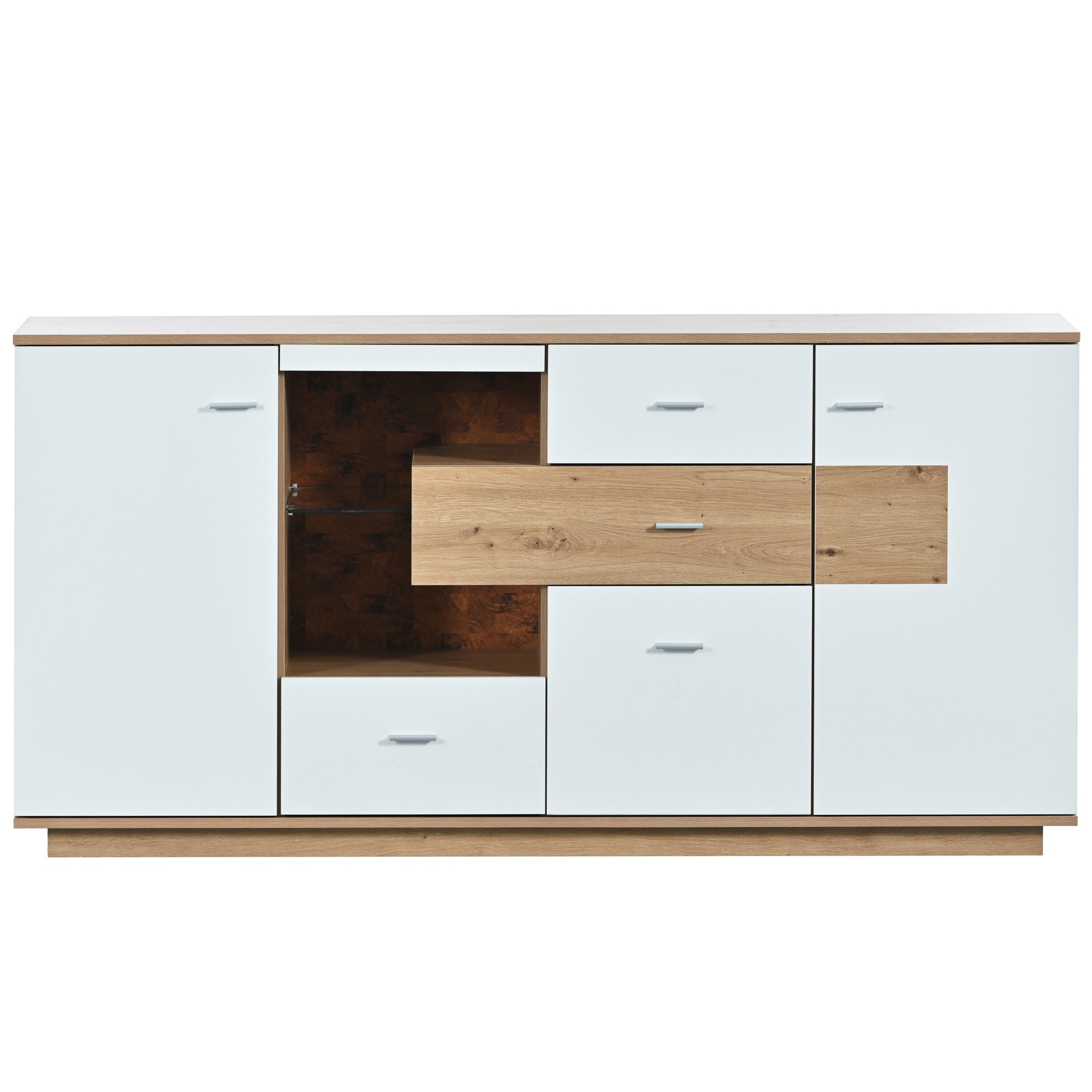 Modernes Sideboard mit LED-Beleuchtung, 2 Türen, 4 Schubladen, Glasablage, Wohnzimmermöbel, Holzoptik+Weiß