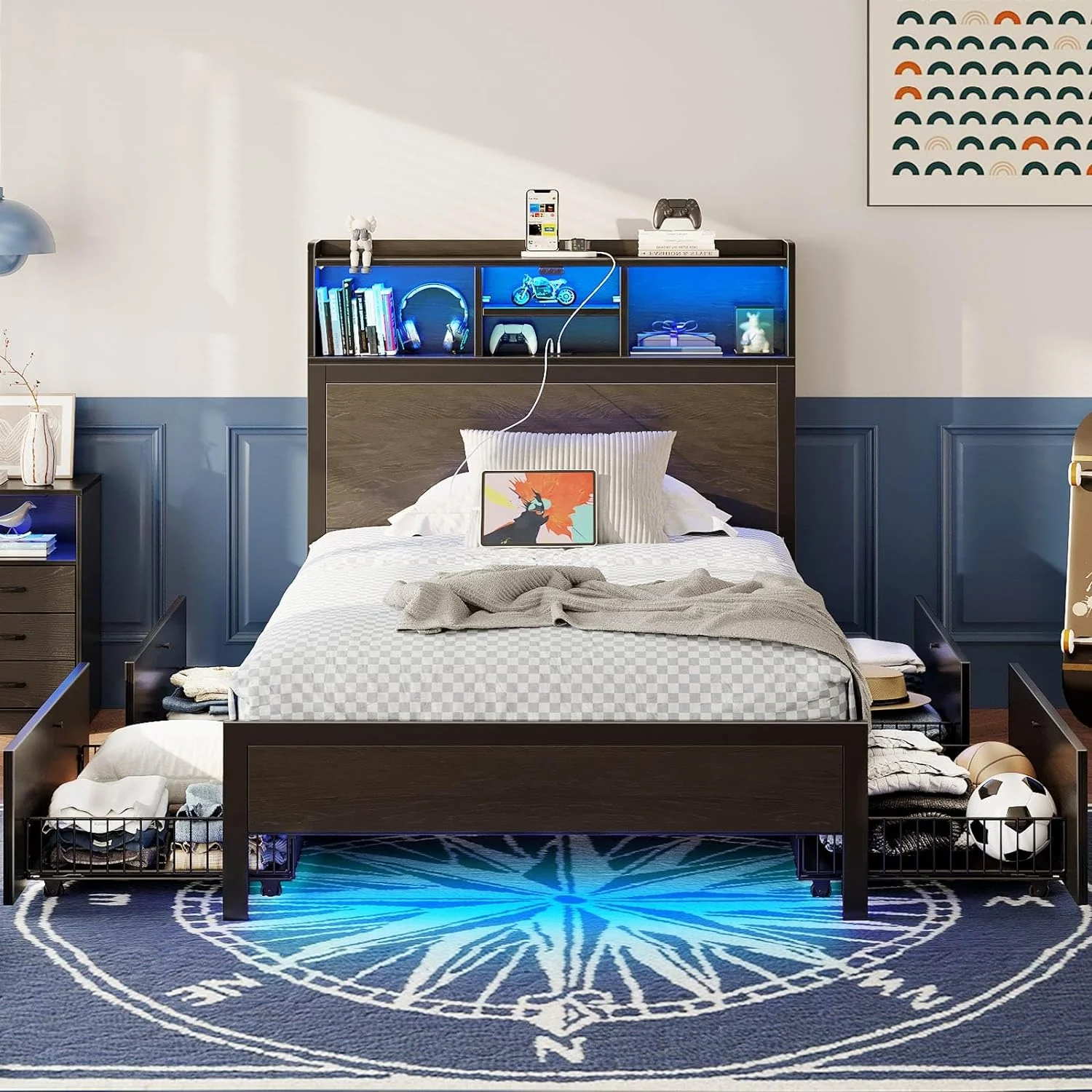 Queen-sized bed frame with storage headboard, metal platform bed with charging device, LED bed frame with 4 drawers, bookcase-style storage cabinet, no spring bed, easy to assemble, noise-free, black