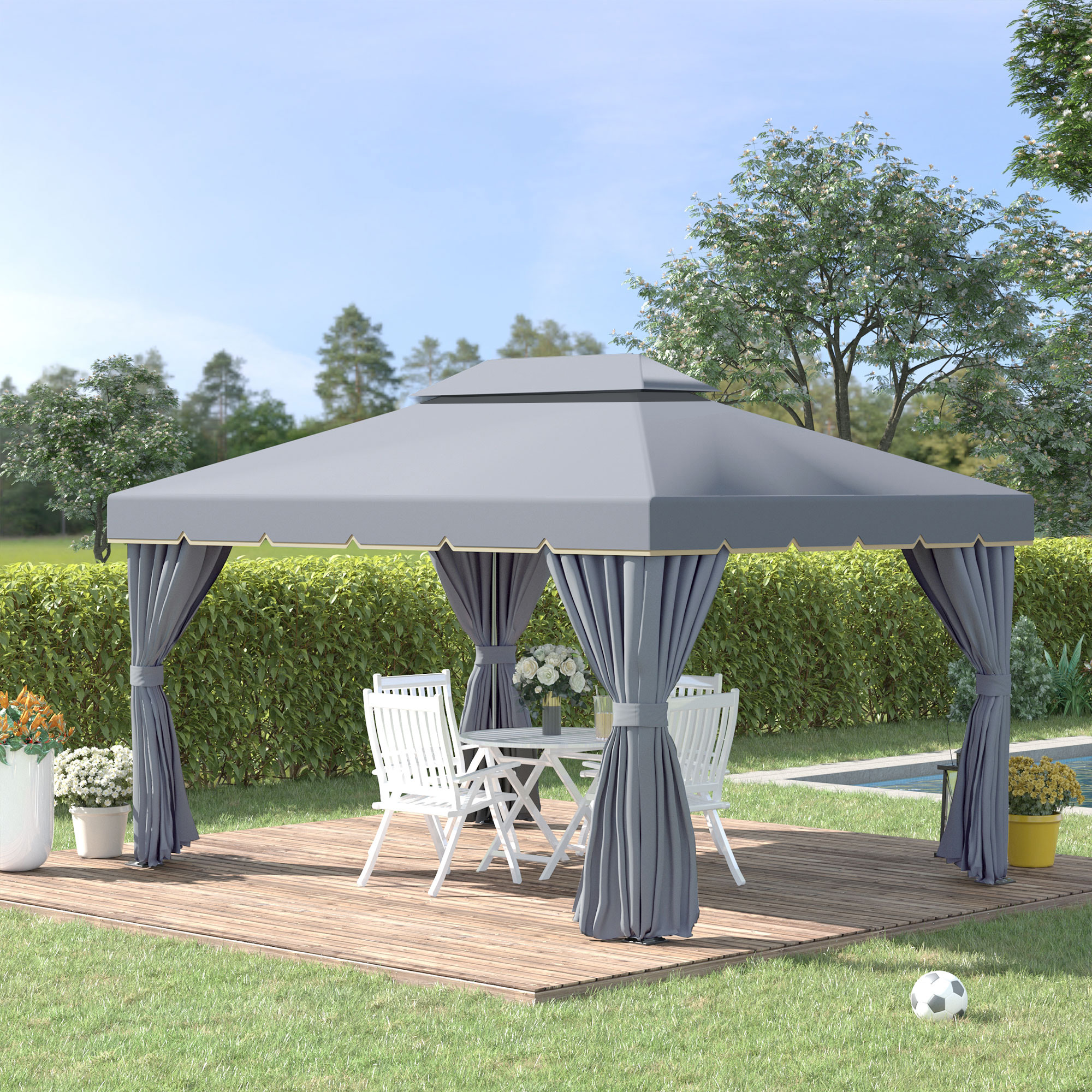 Outsunny Gartenpavillon Pavillon Doppeldach mit Seitenwänden und herausnehmbaren Moskitonetzen 4 x 3 m Grau
