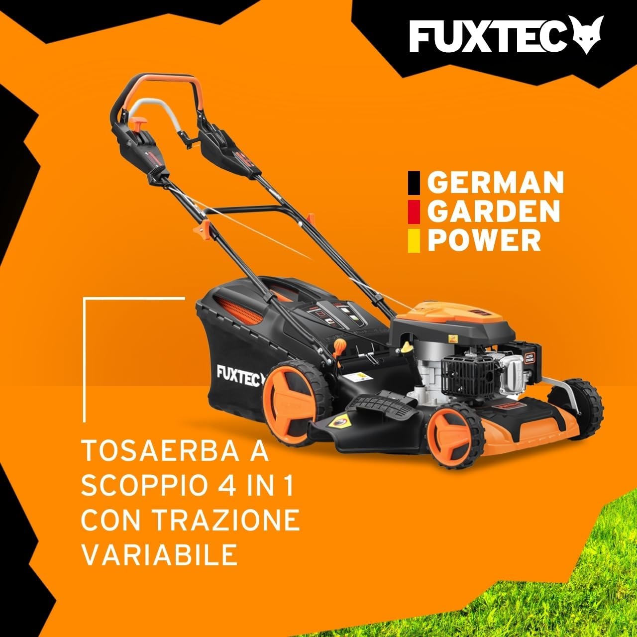 Tagliaerba a benzina semovente a trazione regolabile FUXTEC RM5196PRO taglio 51cm, trasmissione GT tosaerba con motore a scoppio 196cc Easy Clean 4in1 6CV/4,4KW mulching e sacco 60L